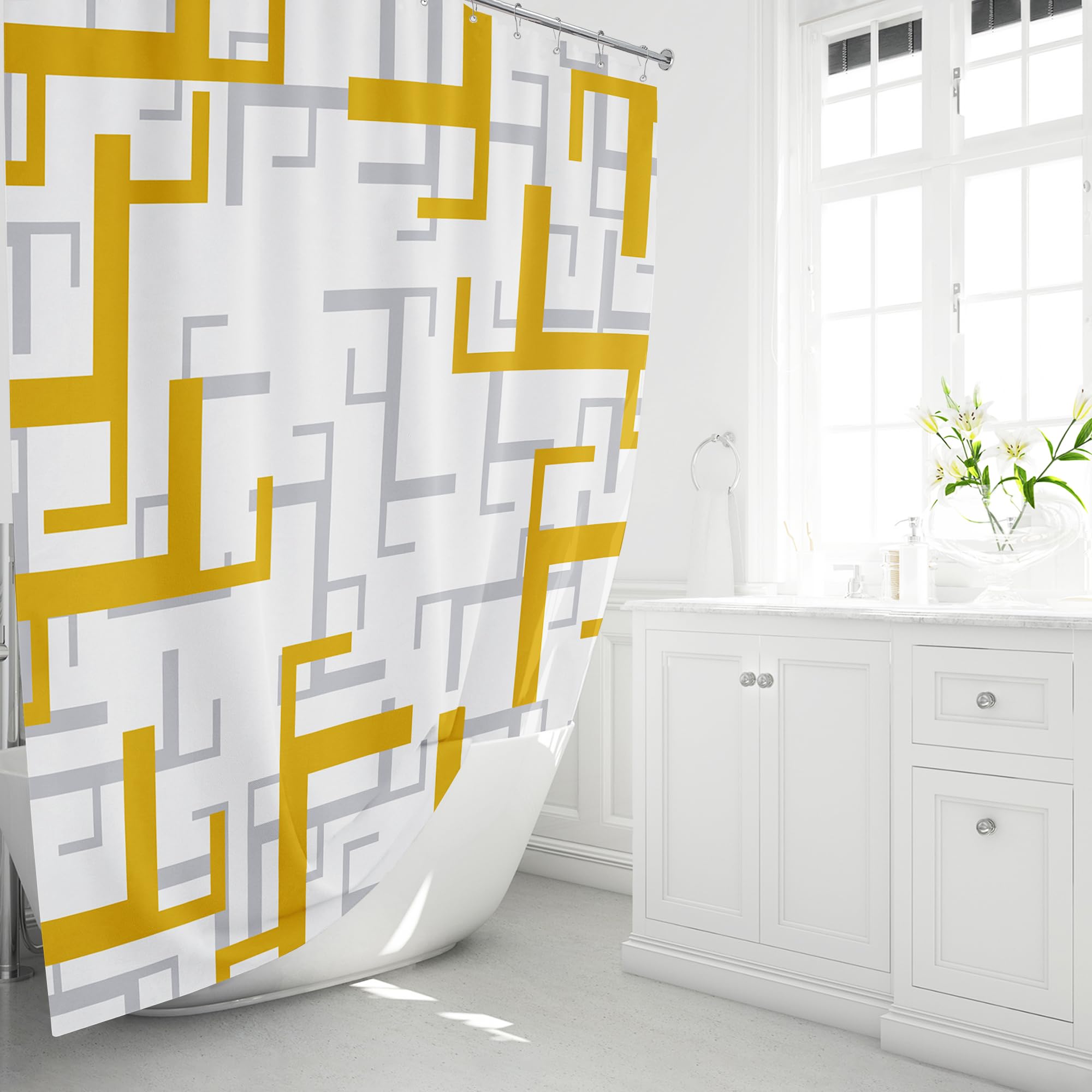BTTN Gold Shower Curtain  Geometric Fabric Shower Curtain Set with 12 Plastic Hooks  Water Repellent  Machine Washable  Modern Decorative Polyester Cloth Shower Curtains for Bathroom Decor  72x72
