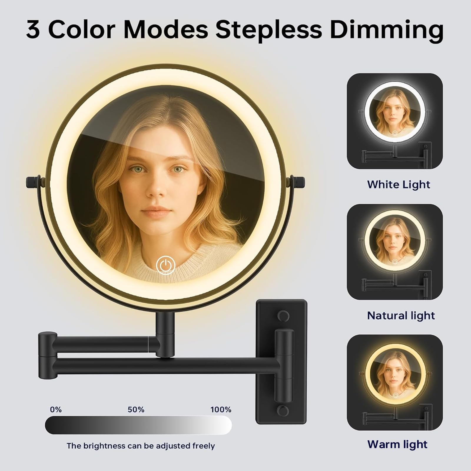 LANSI Rechargeable Wall Mounted Lighted Makeup Mirror  Mounted Makeup Magnifying Mirror with Lights 10X LED Vanity Mirror Wall Mounted  8'' Wall Bathroom Light Up Magnified Mirror (Black)