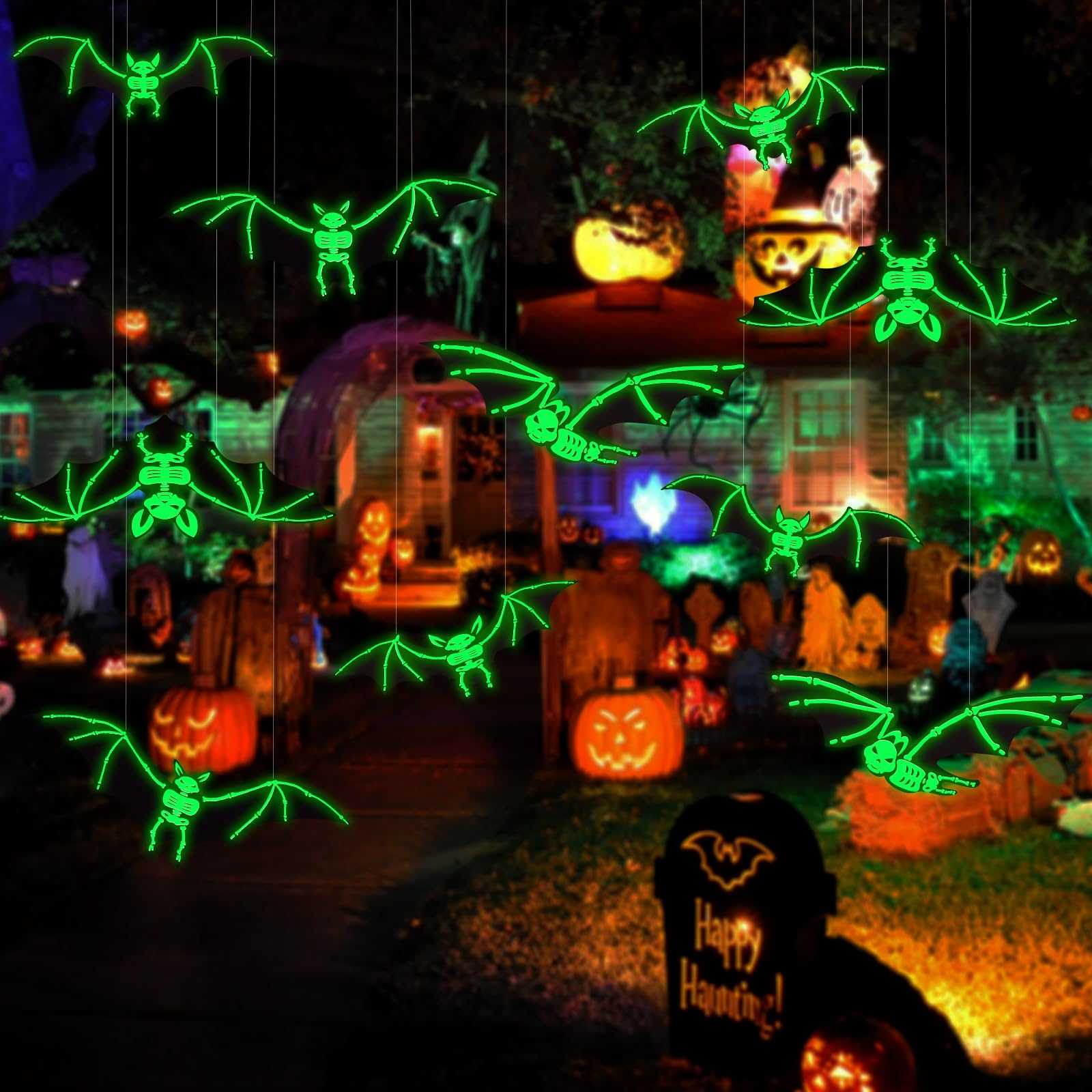 Vellibring 12PCS Halloween Hanging Bats Decorations, Large Plastic Flying Bats with Realistic Scary Glowing Skeleton Bats for Ha