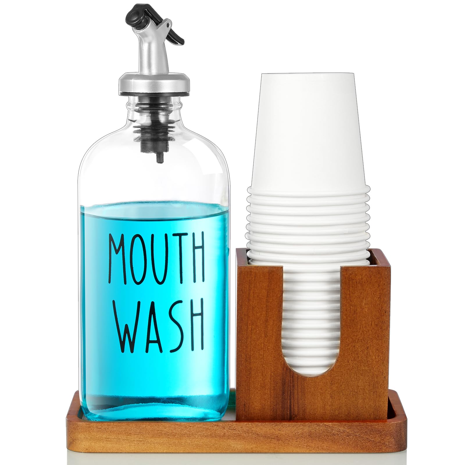 Mouthwash Dispenser For Bathroom, 16 Oz Glass Mouthwash Dispenser With Pour Spout And Acacia Wood Cup Holder And Tray, Mouth Was