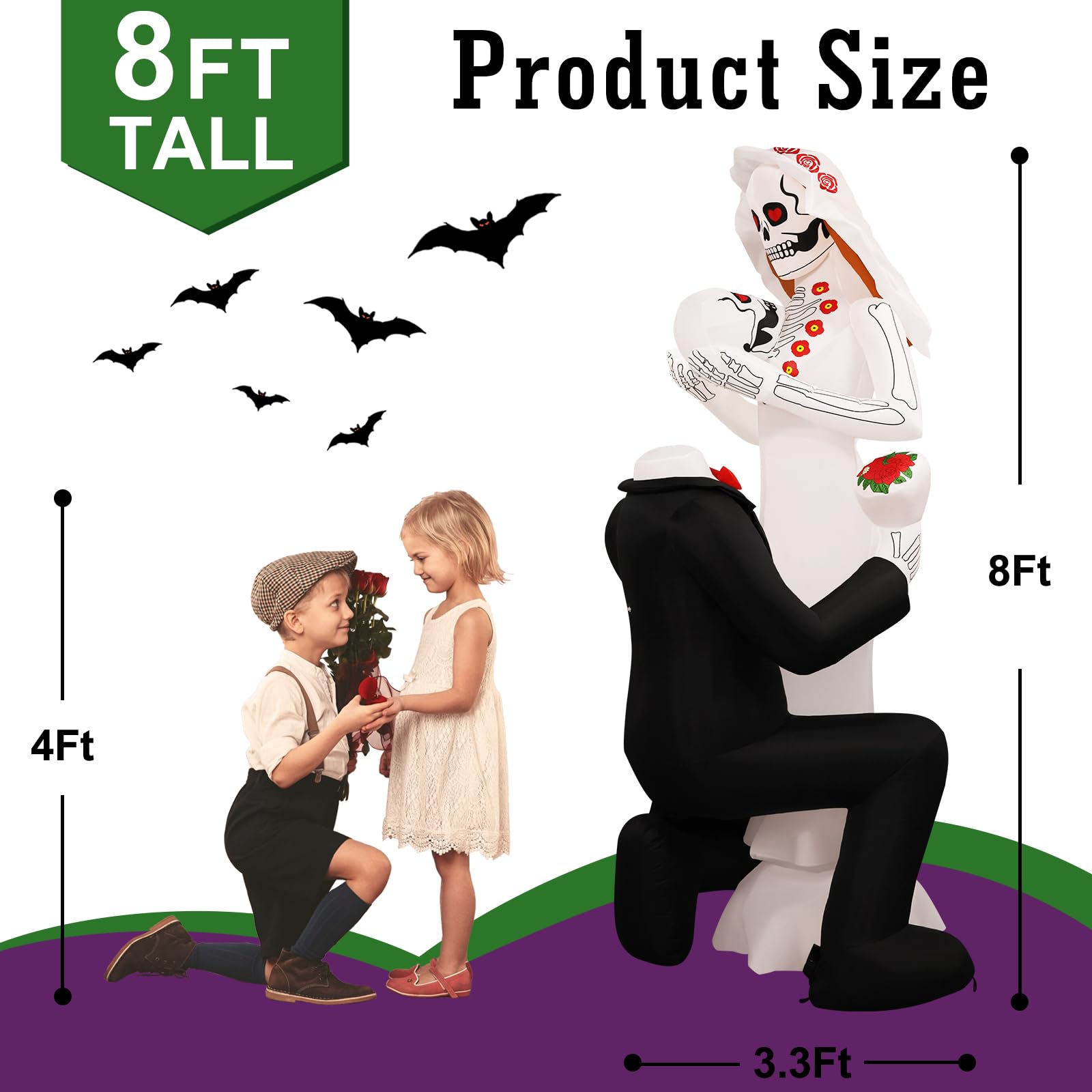 PopInflate Halloween Inflatables Giant 8Ft Tall Skeleton Couple Day of The Dead Outdoor Decorations, Spooky Blow Up Skull Lovers