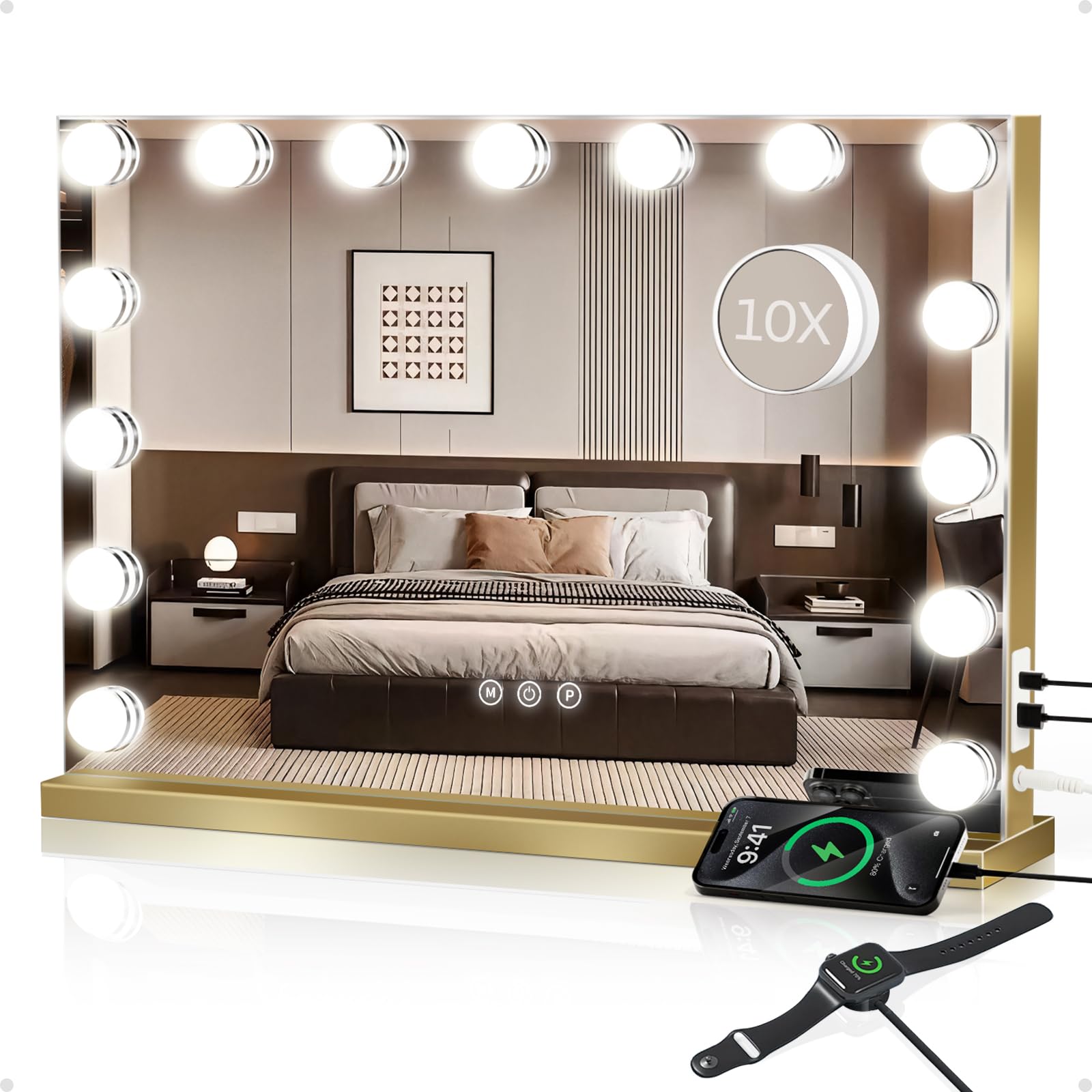 Kiwixmoon Hollywood Vanity Mirror with Lights, Lighted Makeup Mirror with 15 Dimmable Bulbs, 3 Color Lights, 10X Magnifier, USB/