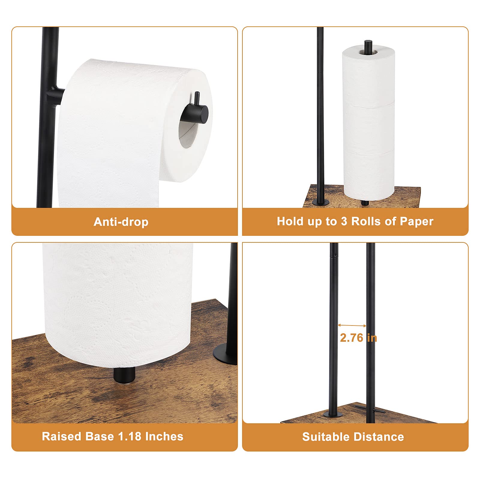 smusei Toilet Paper Holder Stand - Rustic Brown, Engineered Wood, Freestanding with Shelf, 1 Pack, Ideal for Mega Rolls and Phone Storage