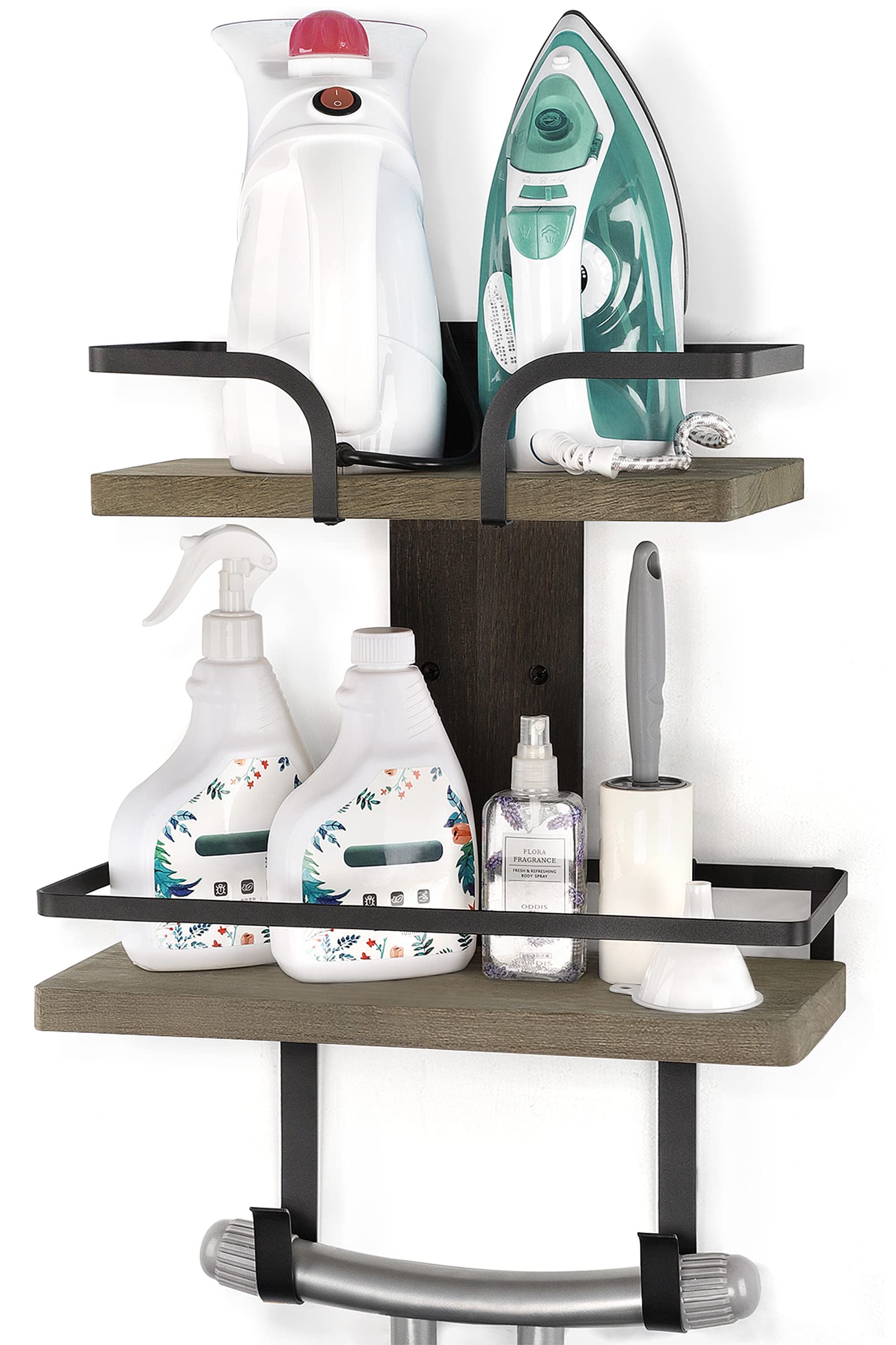 Vinaemo Ironing Board Hanger Wall Mount, 2-Layer Iron And Ironing Board Holder, Laundry Room Shelves Solid Wood With Removable H