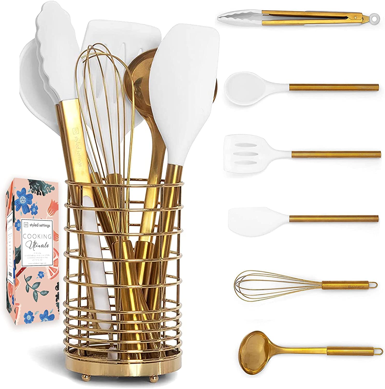 White Silicone And Gold Cooking Utensils Set With Gold Utensil Holder: 17Pc Set Includes White & Gold Measuring Cups And Spoons
