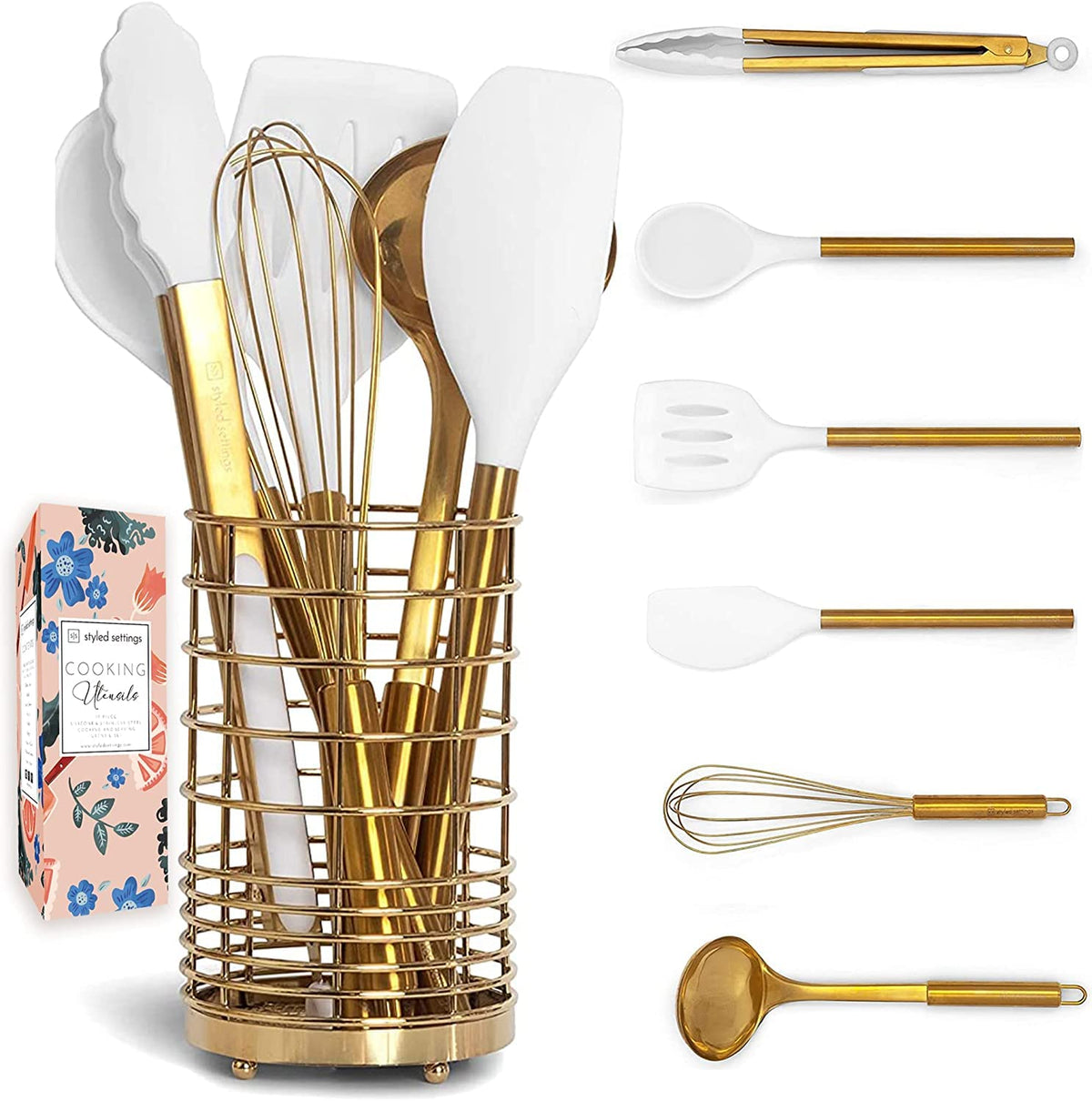 Gold Cooking Machine White Silicone and Gold Cooking Utensils Set with Gold Utensil Holder ...