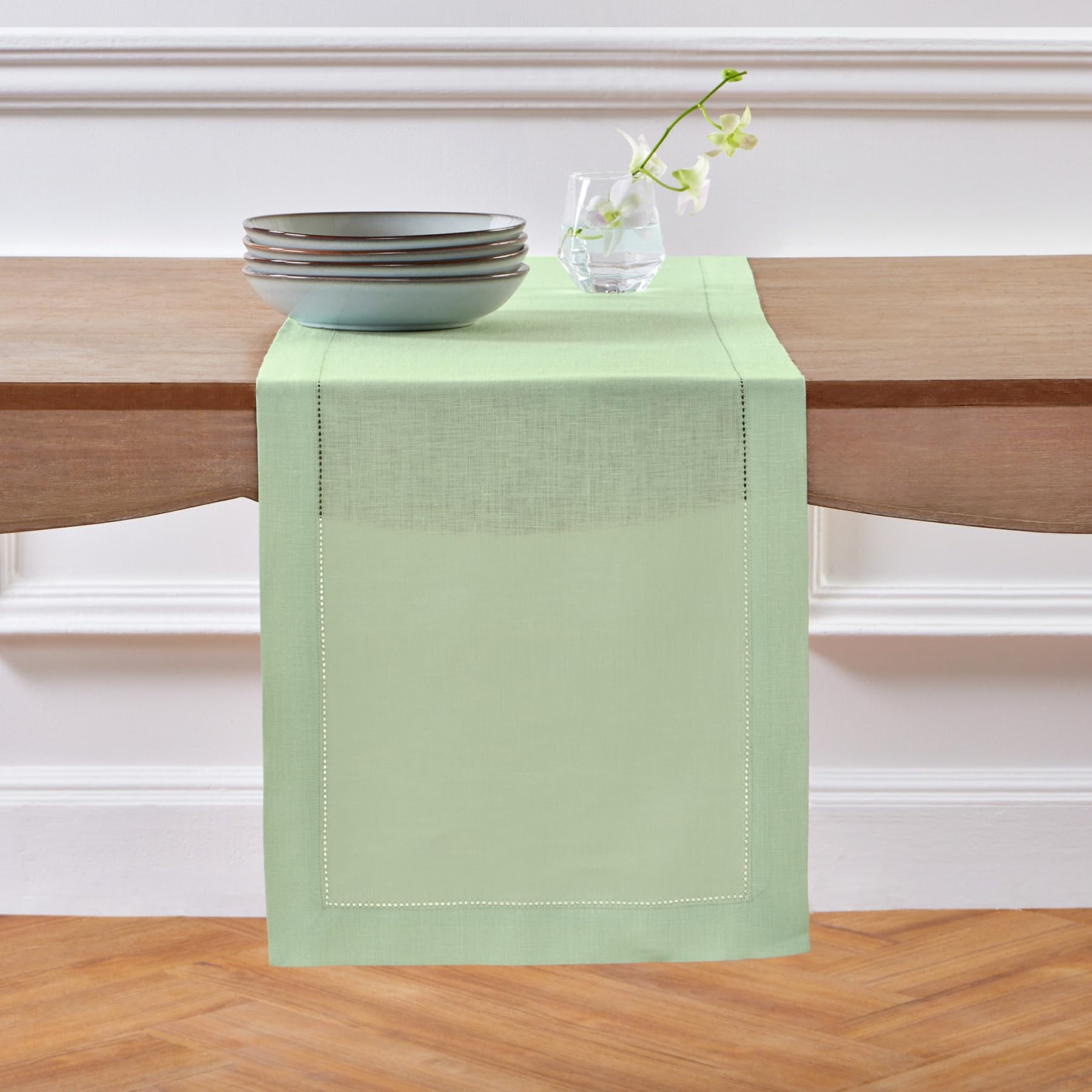 Solino Home Linen Light Green Table Runner 108 Inches Long - 100% Pure Linen Classic Hemstitch Dining Table Runner 14 X 108 Inch