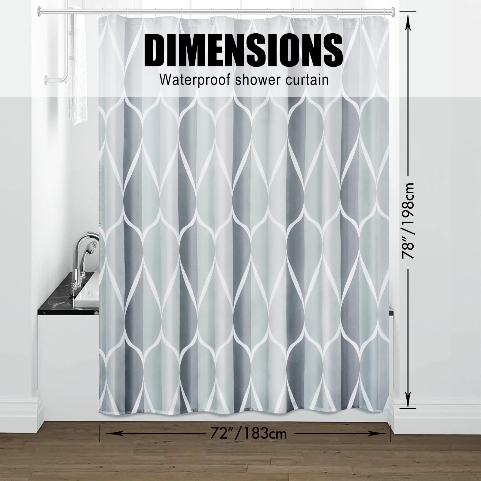 Gelbchu Grey Fabric Geometric Shower Curtain  Waterproof Design and Polyester  Quick-Drying  Weighted Hem  Shower Curtains Set for Bathroom W 72 x H 78  Durable and Washable with 12 Hooks