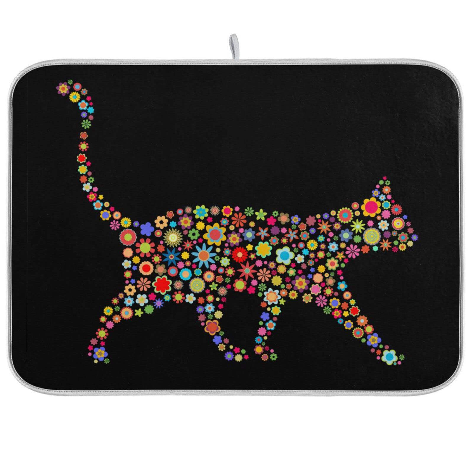 Zzwwr Trendy Flower Cat Absorbent Dish Drying Mat Microfiber Kitchen Countertop Table Protector Multi-Purpose Counter Rack Sink