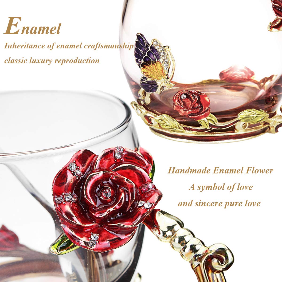Tea Cup Glass Coffee Mugs Enamel Rose Flower Butterfly Drinking Cups With Spoon Set Unique Gifts For Birthday Wedding Christmas