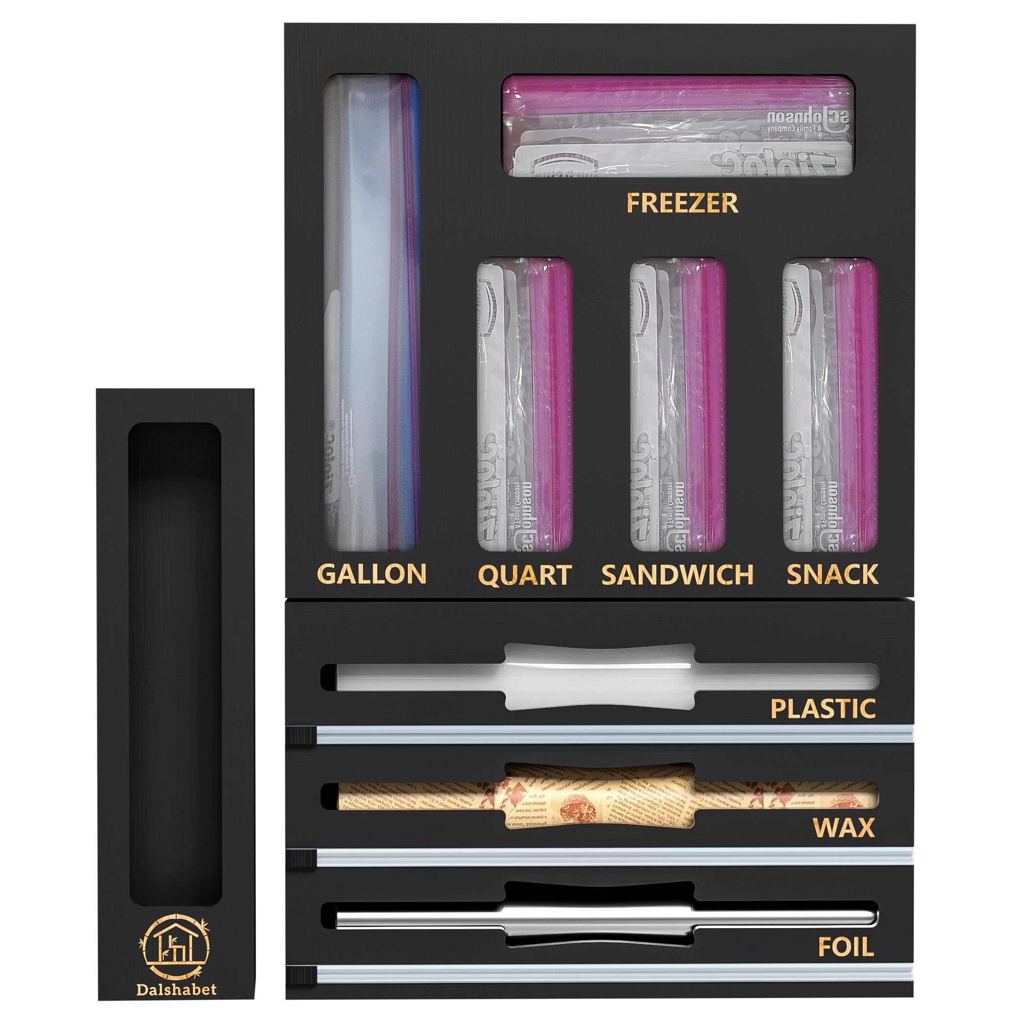 Dalshabet Plastic Wrap Dispenser With Cutter, 9 In1 Bamboo Foil And Plastic Wrap Organizer For Kitchen Drawer