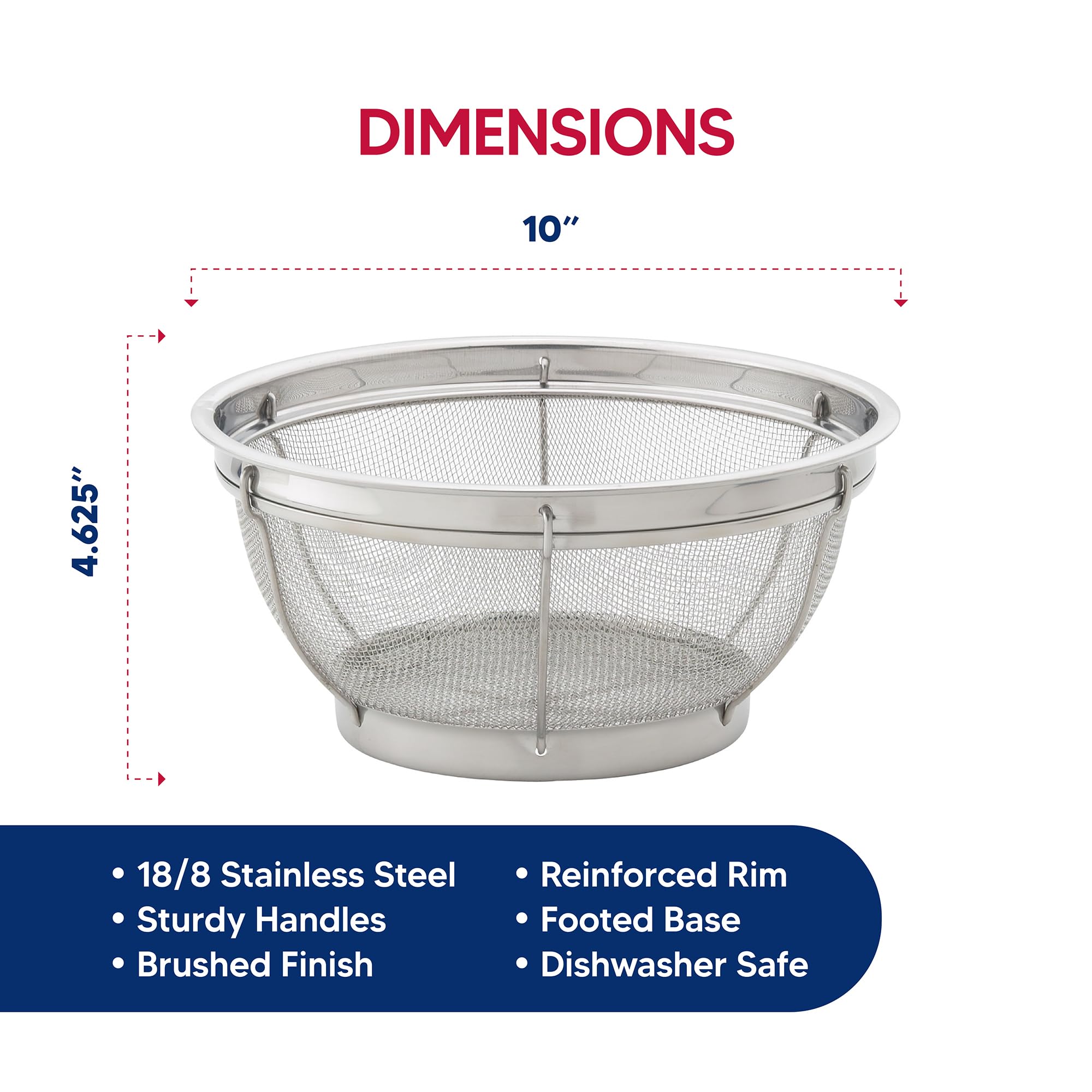 Hic Kitchen Reinforced Mesh Colander, 18/8 Stainless Steel, 10-Inch