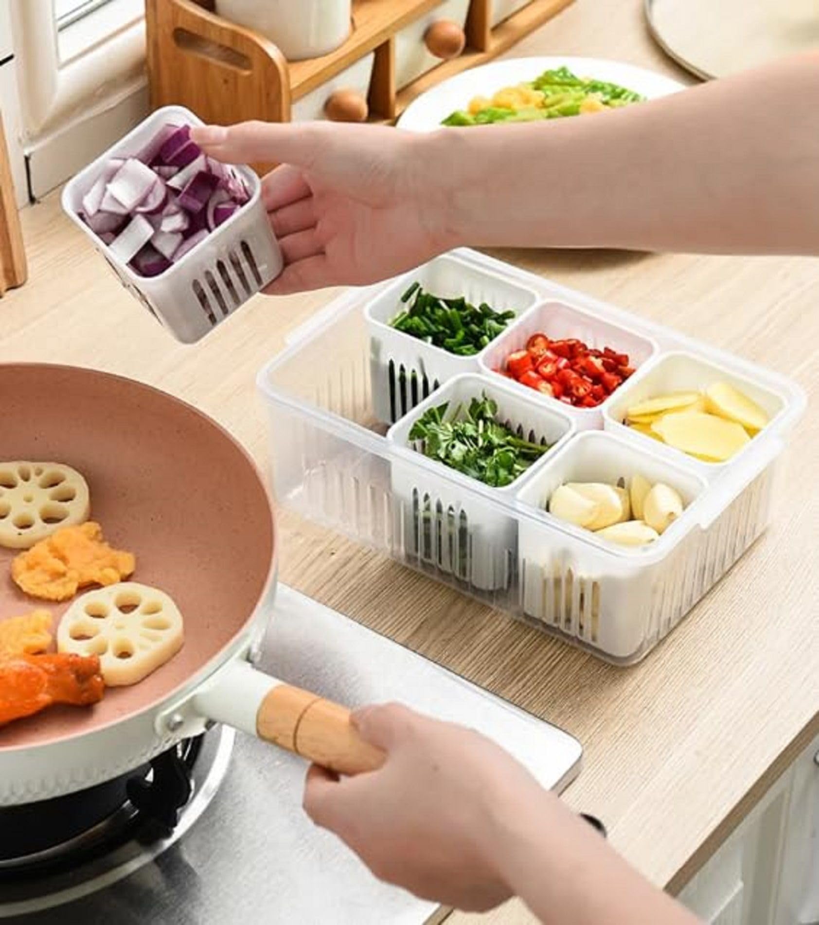 Finware (6 In 1) Fridge Storage Boxes Airtight Freezer Storage Containers, Container For Kitchen Vegetable Storage Set, Draining