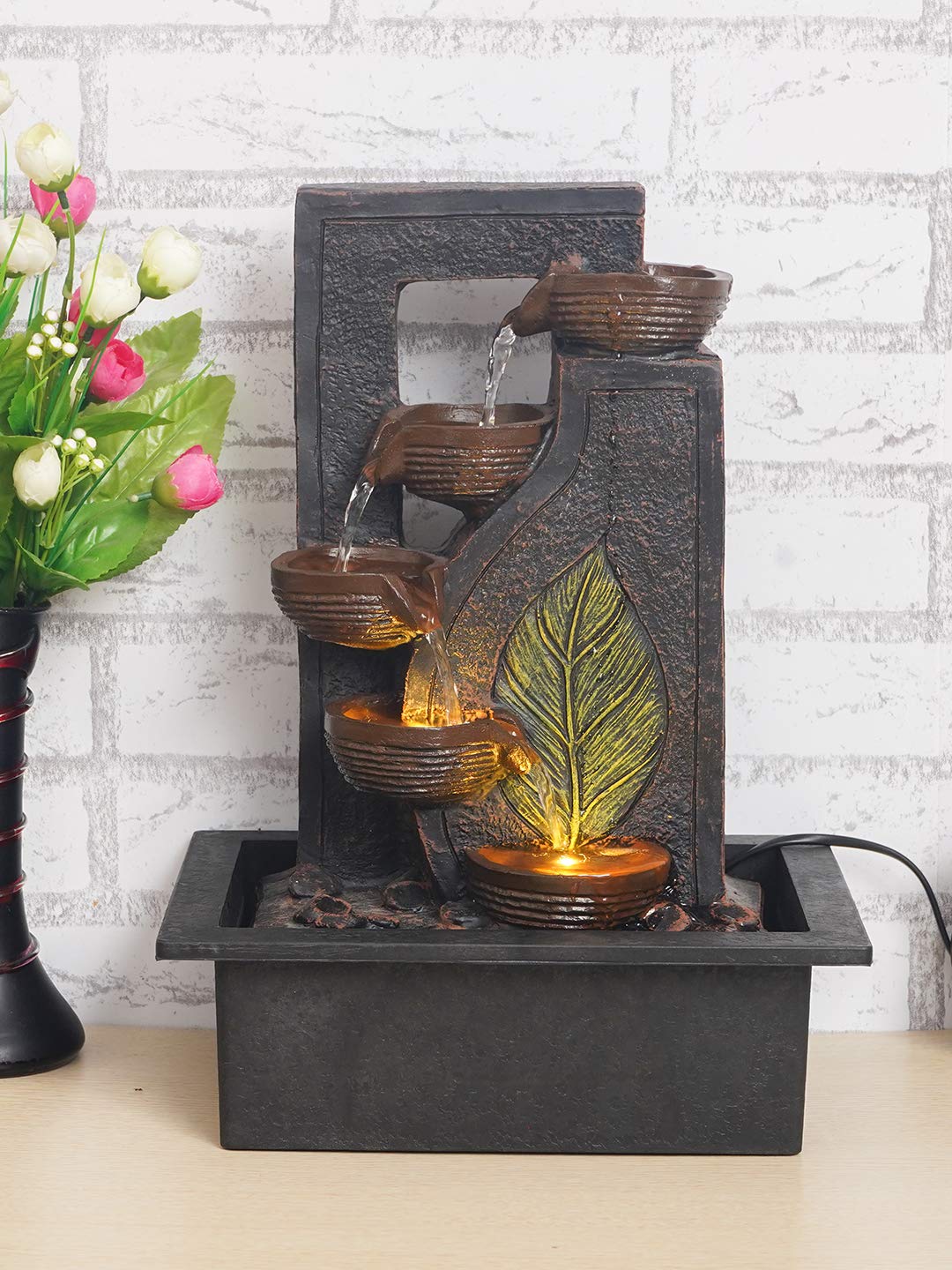 CHRONIKLE Polyresin Table Top Black 4 Diya Steps & Green Leaf Design Indoor Waterfall Fountain for Home Decor with LED Lights & 