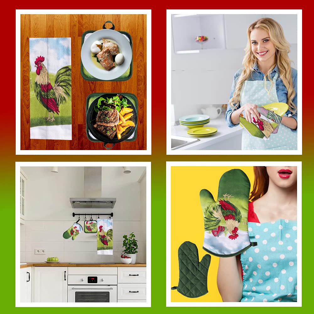Lobyn Value Packs 5-Piece Country Kitchen Towel Set, Cotton, New Rooster, Includes Dish Towels, Oven Mitt & Potholders