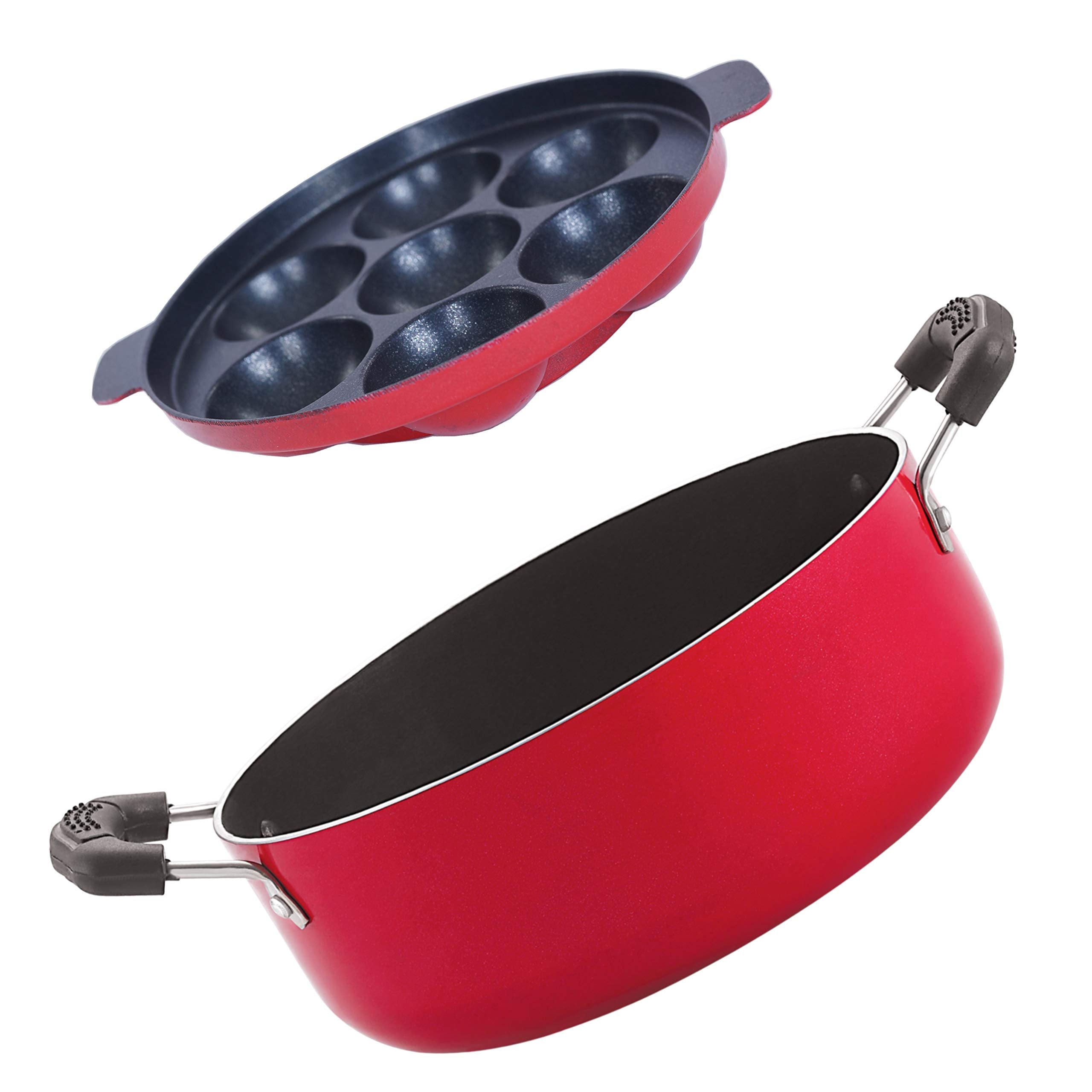 Nirlon NonStick Appam Casserole Aluminium Cookware Set, 2Pieces, Red/Black(Ap7_Cs24)