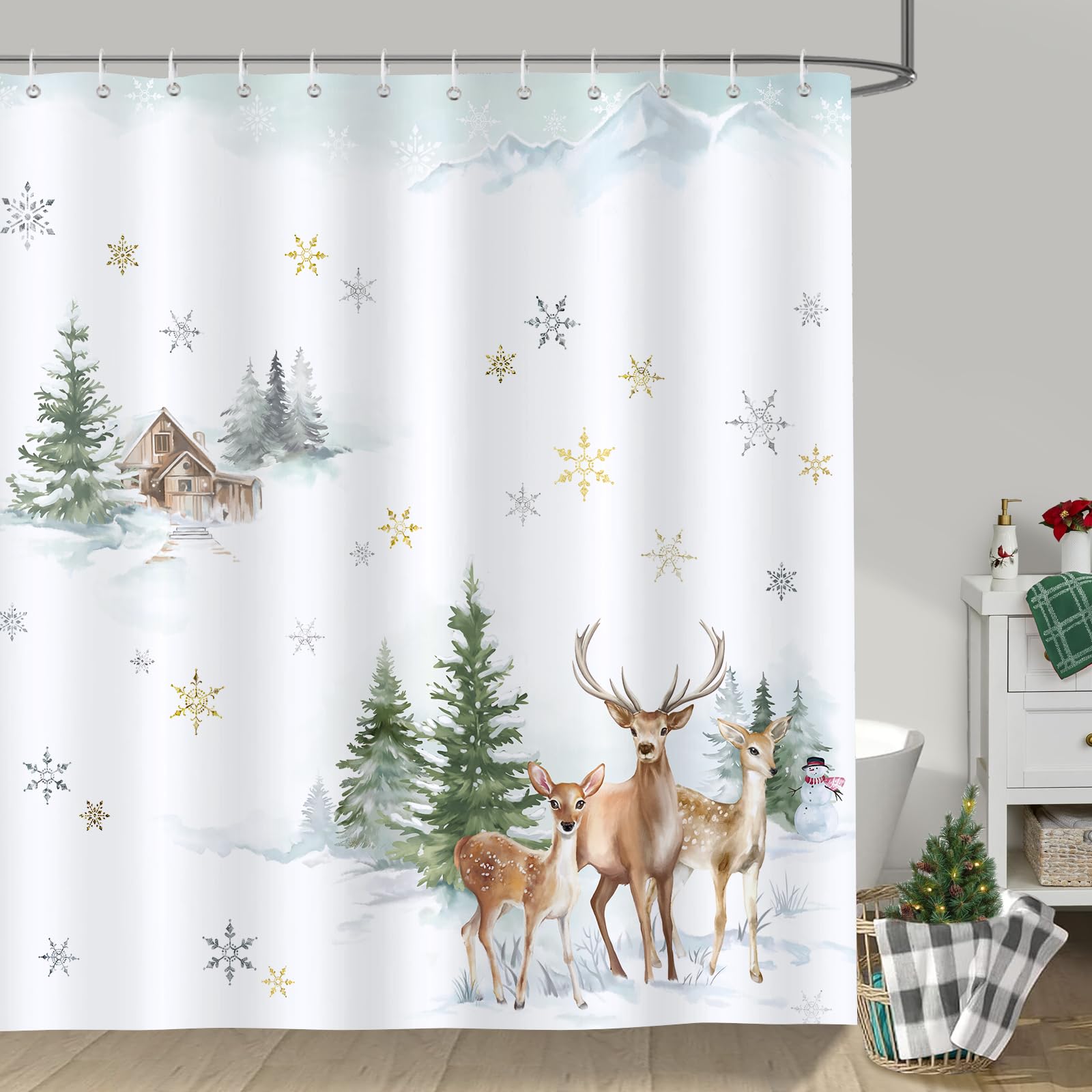 Bonhause Winter Forest Shower Curtain Pine Tree Deer Snowflake Christmas Holiday Decorative Bath Curtain 72 X 72 Inch Polyester