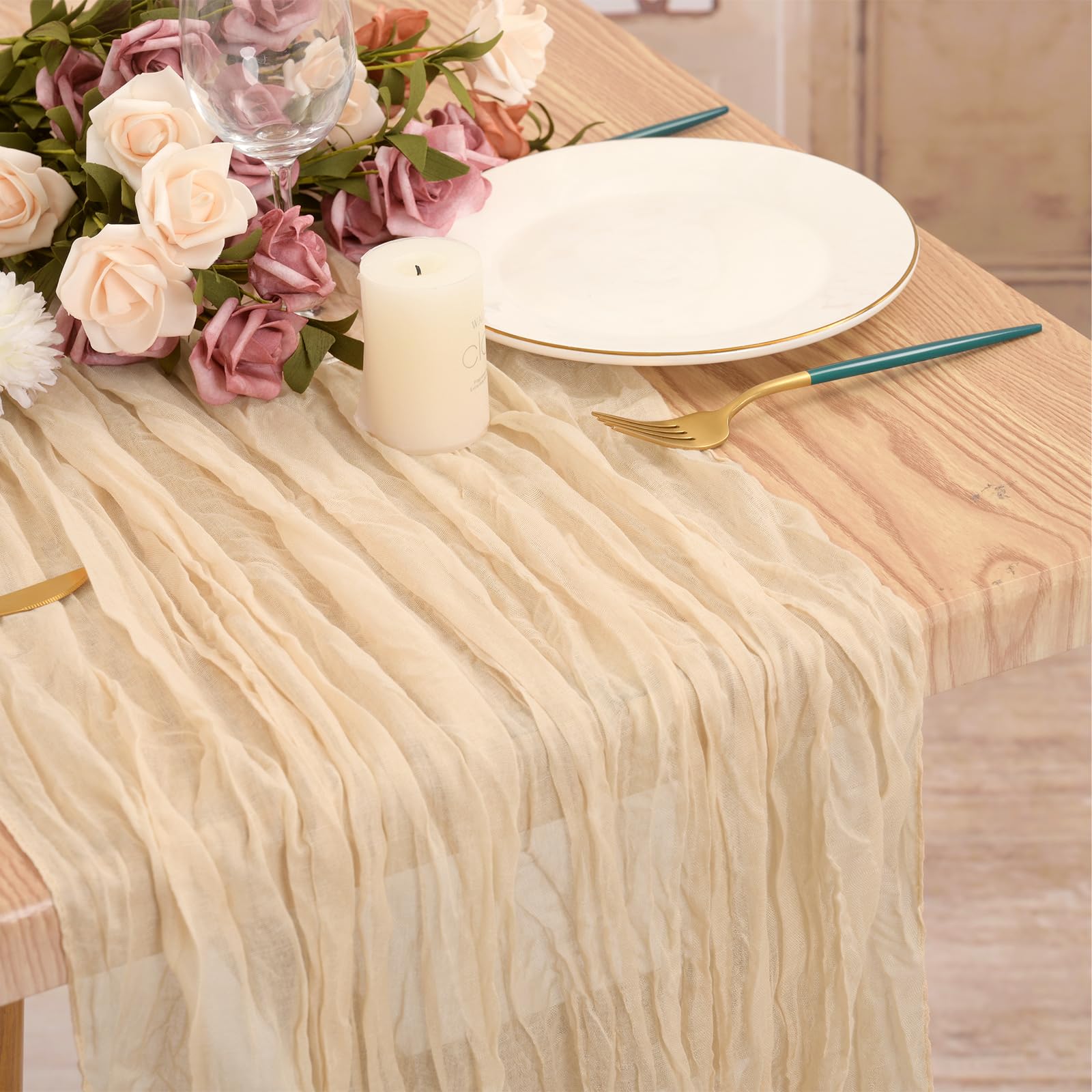 12 Pack Beige Cheesecloth Table Runner 35X120 Inch 10Ft Romantic Gauze Cheese Cloth Table Runner, Boho Rustic Table Decorations