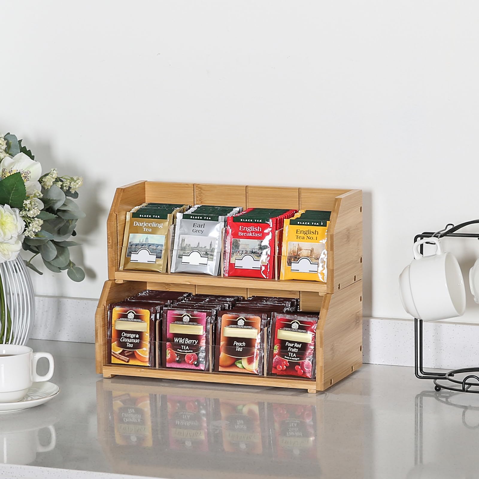 TIOPGHAD Bamboo Tea Bag Organizer - 2-Tier Stackable Storage Holder - Nature Bamboo - Model 2C-CBJ - Perfect for Countertop or Cabinet