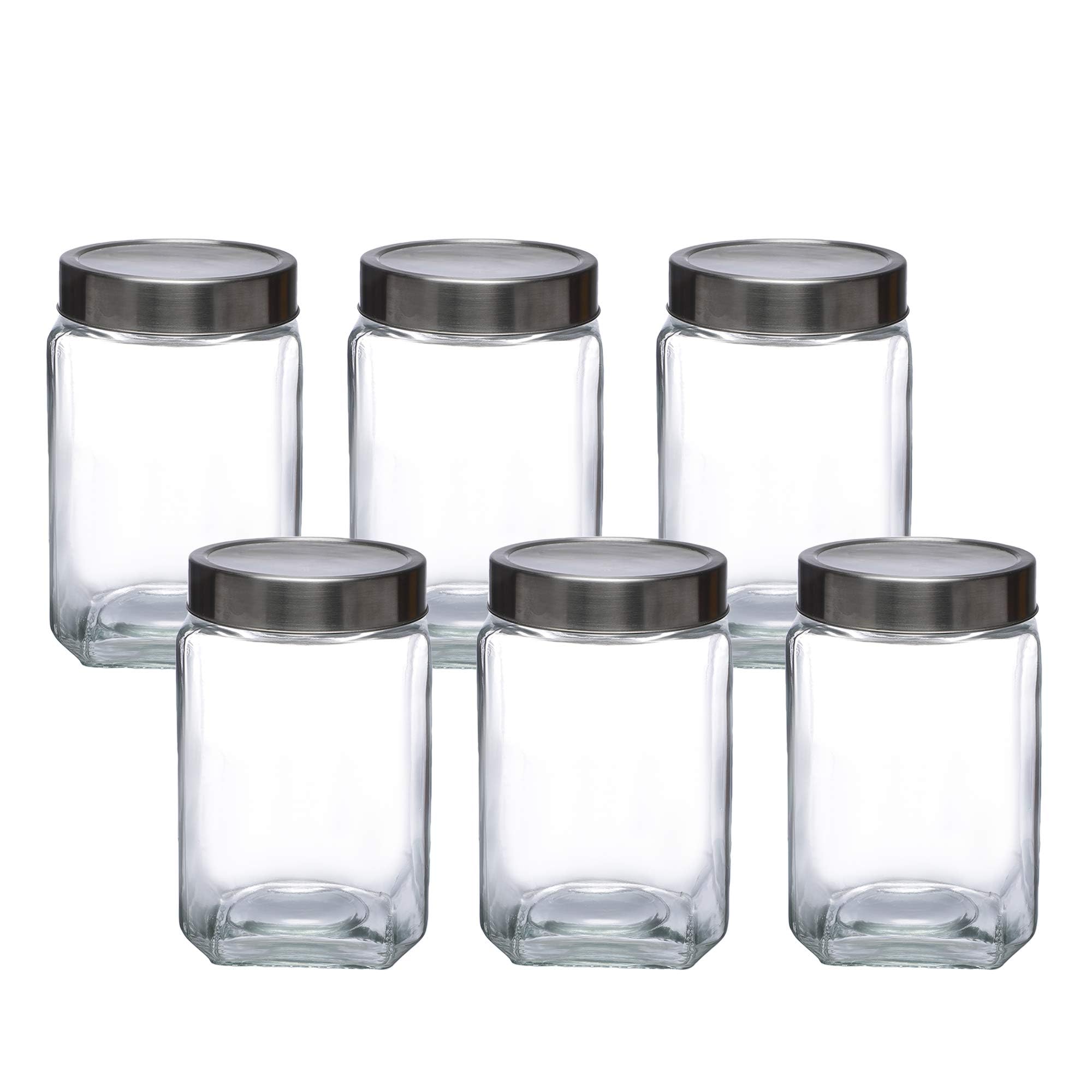 Simparte Glass Jar Barni 1600Ml Transparent Square Container Set Of 6 With Airtight Steel Lid For Kitchen Storage Of Pickles, Co