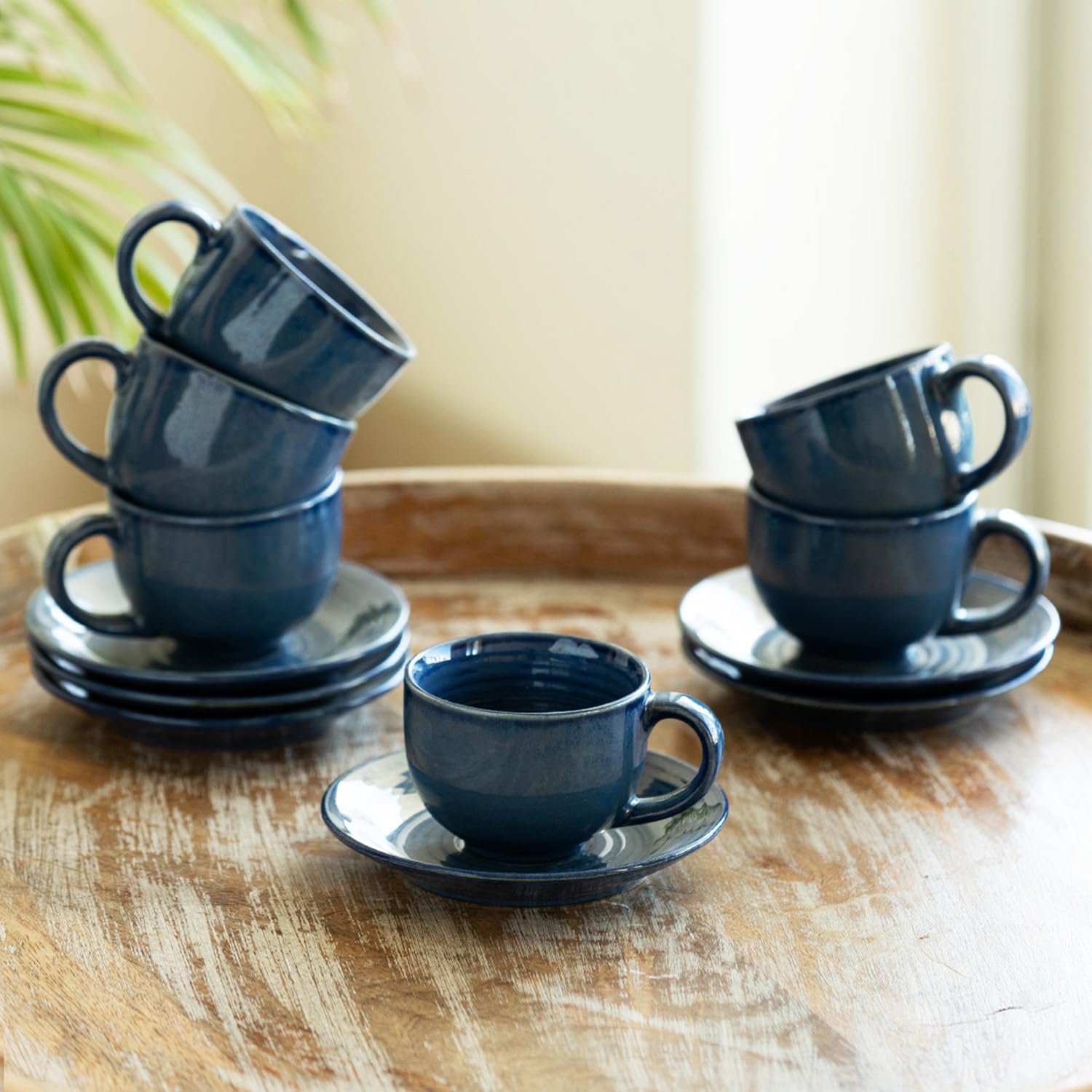 Exclusivelane Ocean Ripples Ceramic Tea Cup And Saucer Set Of 6 (Studio Pottery, 120 Ml, Blue, Microwave Safe) |Ceramic Cup Sa