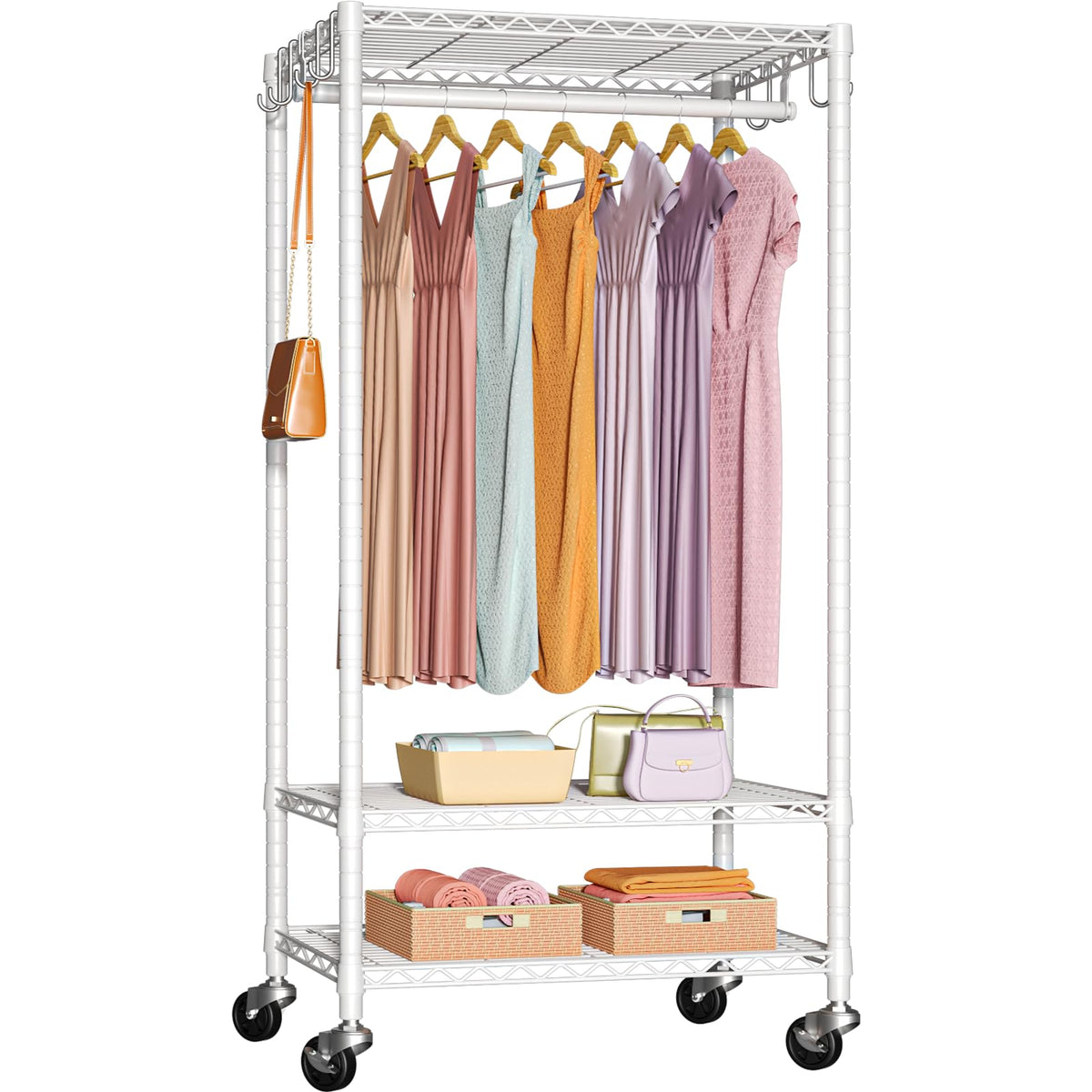 Futassi P6 Medium Rolling Clothes Rack Heavy Duty, Clothing Racks For Hanging Clothes, Freestanding Garment Rack With Wheels, Po