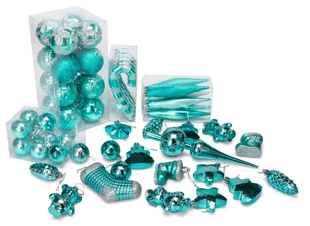 AUXO-FUN 54 Pieces Assorted Christmas Ornaments Tree Decoration Baubles in Gift Box (Turquoise Blue, Gift Box)