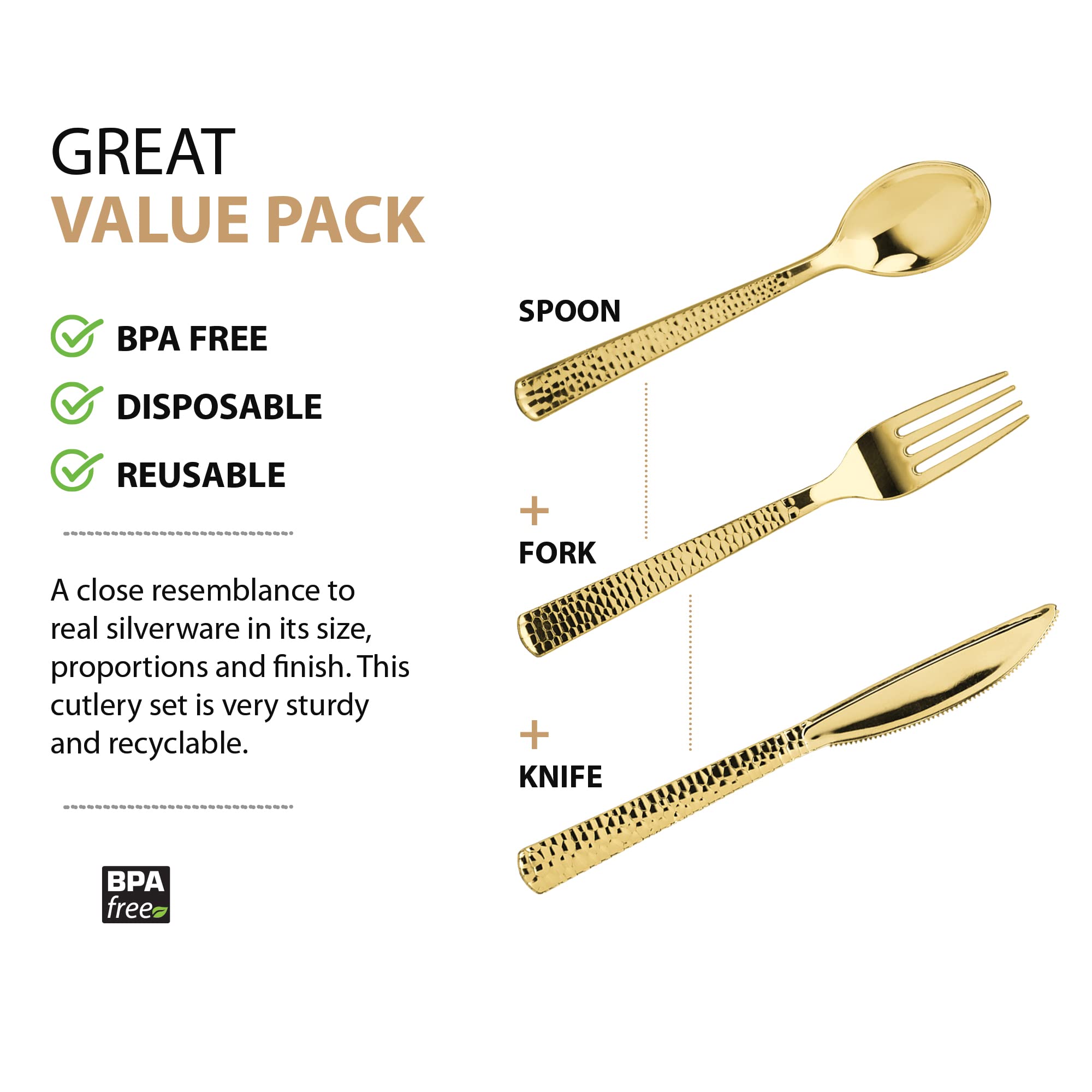 Plastic Cutlery Silverware Extra Heavyweight Disposable Flatware, Full Size Cutlery Combo, Gold Pebbled, 80 Forks, 40 Spoons, 40