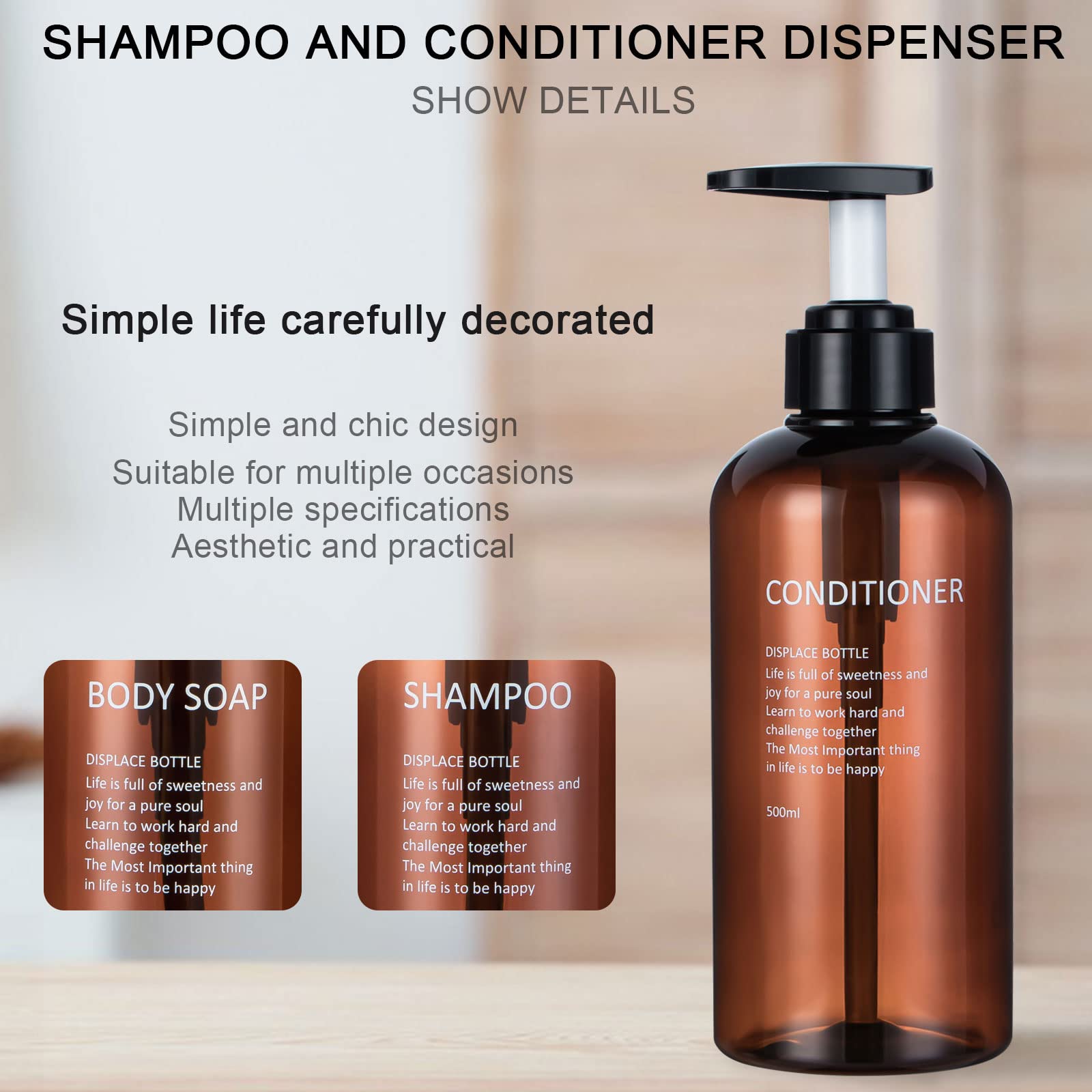 Shampoo And Conditioner Dispenser Pump Bottle,Yeeco Clear Amber 16.9Oz/500Ml 3 Pack Soap Dispenser Shampoo Bottles Refillable Fo