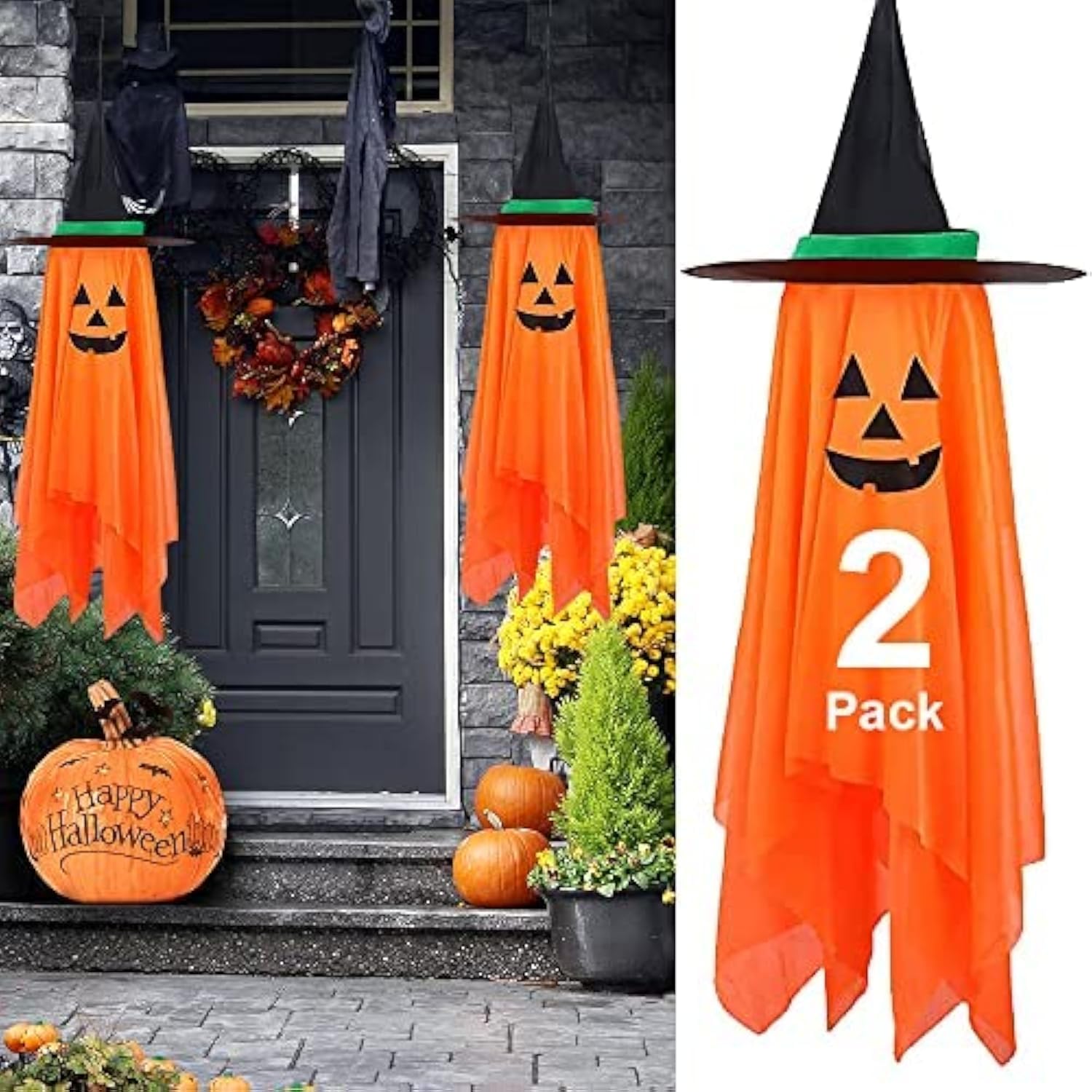 Halloween Decorations, 2 Pack Orange Pumpkin Wizard Hat Pre-Installed Pumpkin Ghost Ghosts Witch Hanging Ornaments Decor for Hom