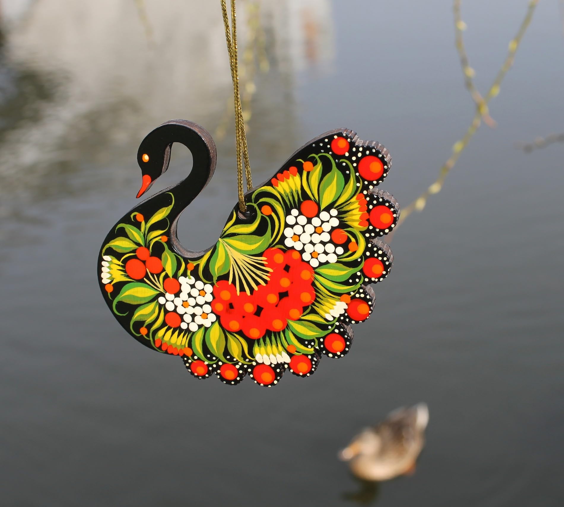 Black Swan Christmas Ornament Wooden Hand Painted on Both Sides 3.5 x 3.5 x 0.2 in. Ukrainian Traditional Painting Petrykivka wi