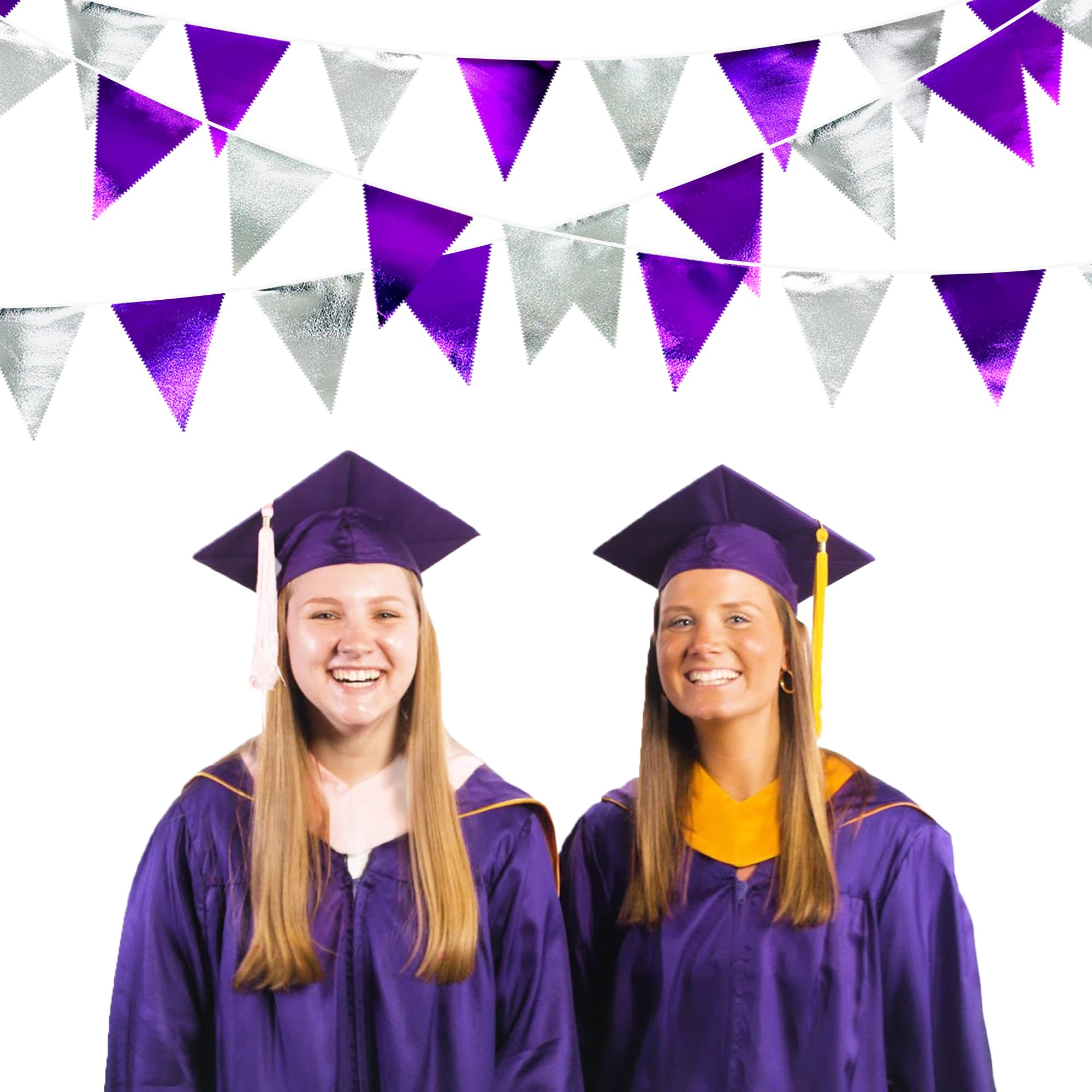 Purple And Silver Party Decorations Triangle Pennant Banner Flag Metallic Fabric Bunting Garland For Birthday Graduation Retirem