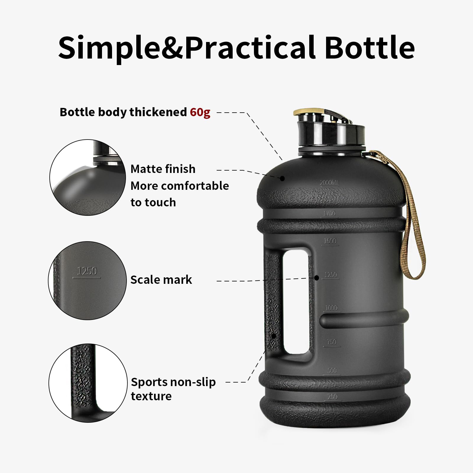 TOOFEEL 2 Liter Water Bottles - Half Gallon Water Bottle BPA Free - Ideal for Gym  Big Water Jug  Reusable Sports Bottle with Measurements Marked Drink Container (2.2L 74oz Matte Black Water Jugs)