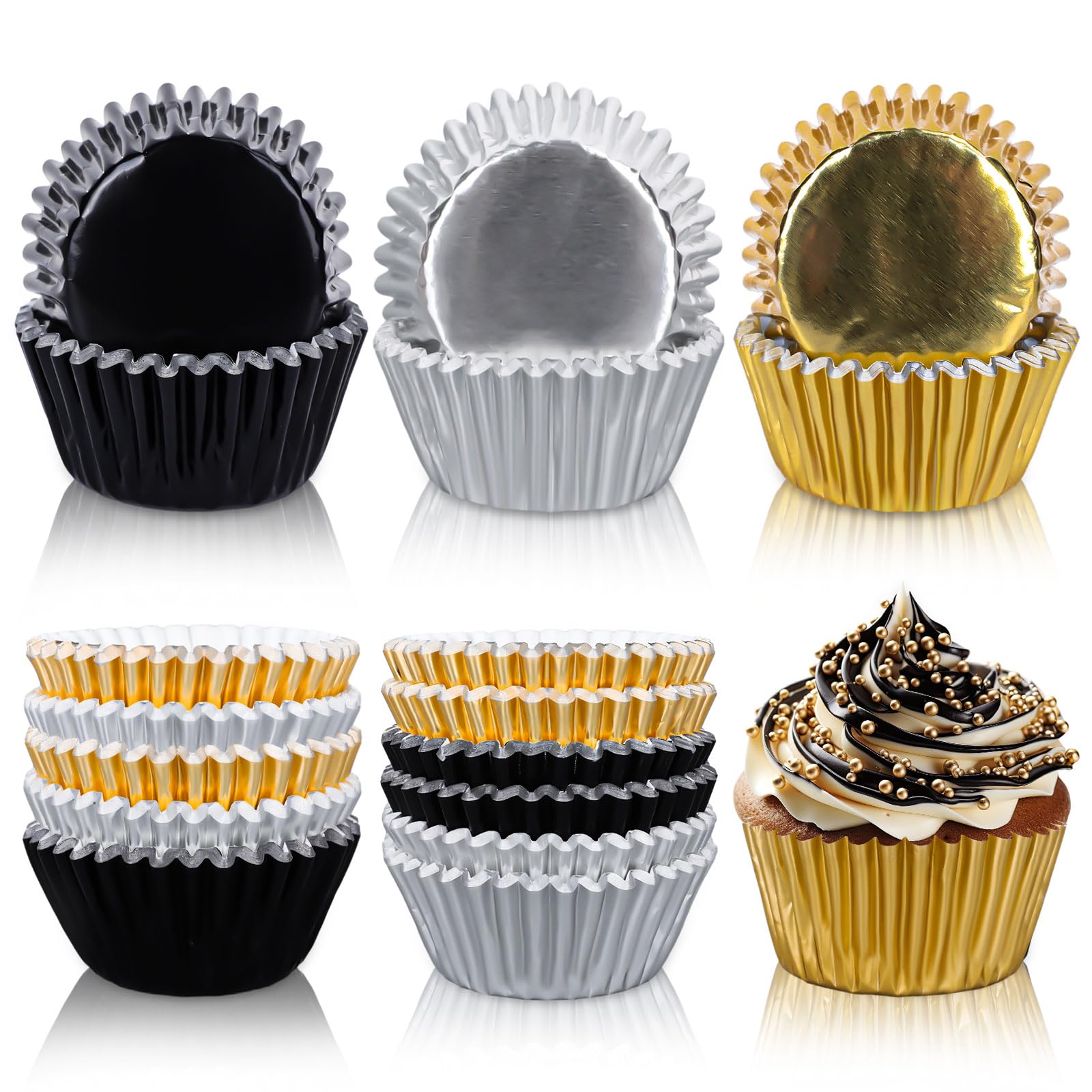 Whaline 150Pcs Graduation Cupcake Liners Congrats Grad Foil Baking Cups Black Silver Gold Foil Metallic Cupcake Wrappers For Col