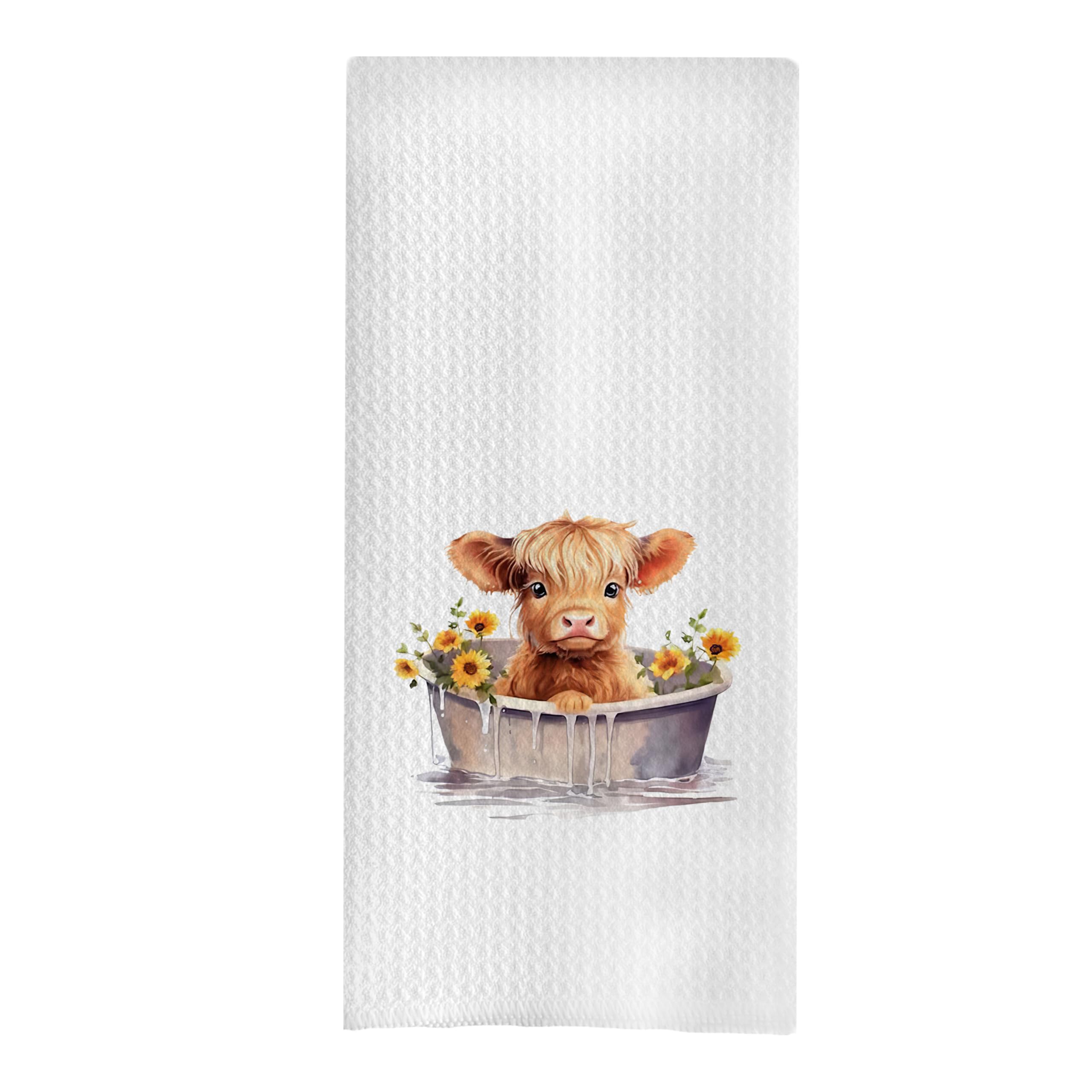 GCFET Highland Cow Dish Towels - Decorative Waffle Kitchen Towels, Sunflower Hand Tea Towels, Gifts (16 X 24 Inch)