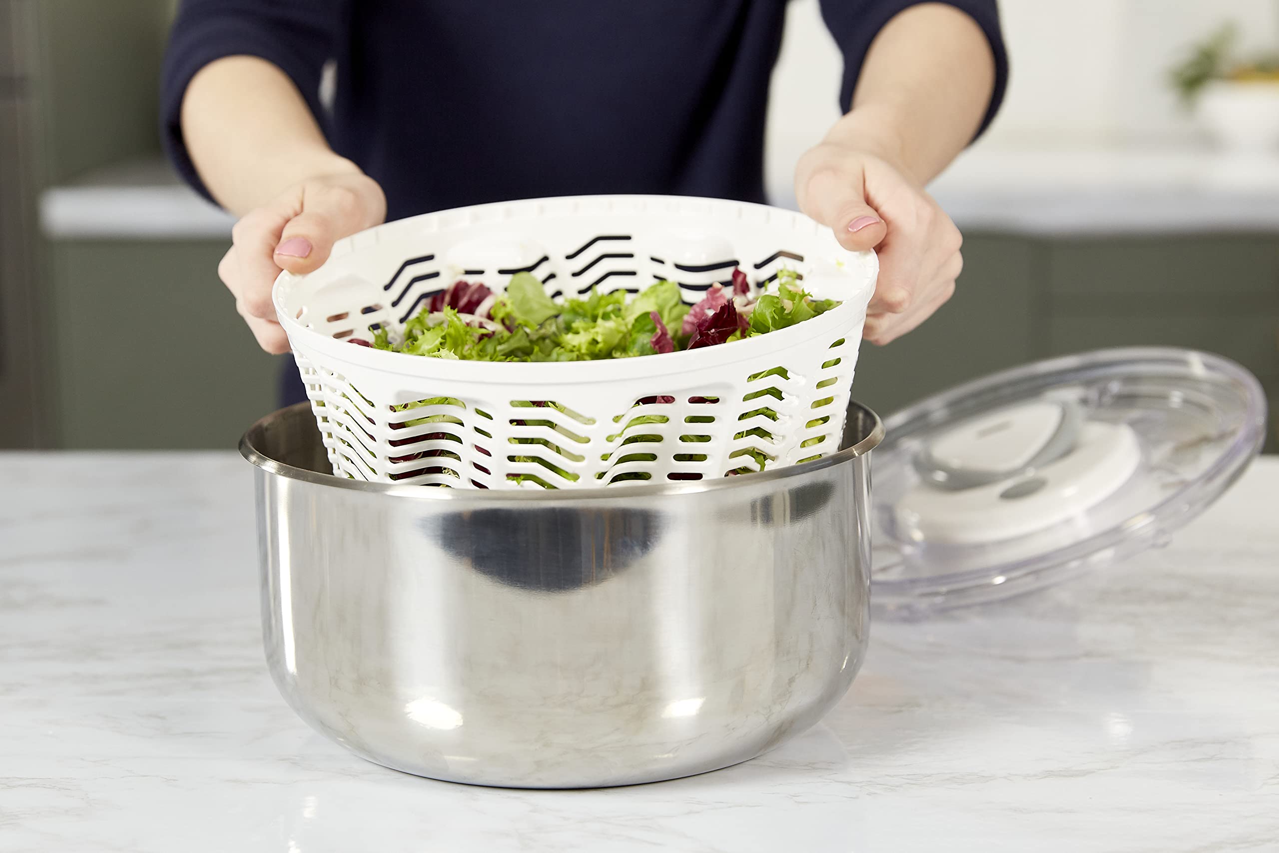 Zyliss Easy Spin 2 AquaVent Large Salad Spinner - Salad Spinner with Pull cord - Manual Vegetable and Fruit Dryer - Vegetable Spinner with Brake - Stainless Steel - Salad Bowl for 4 to 6 Servings