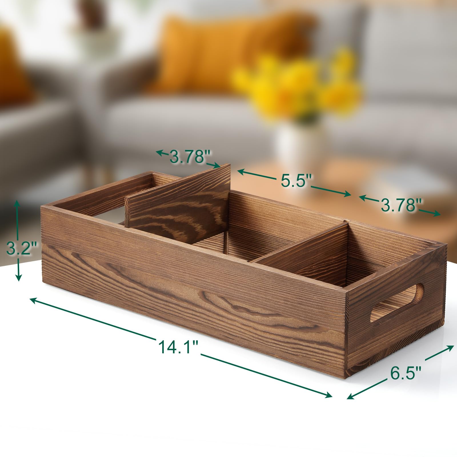 14 Inch Wood Bathroom Basket with Removable Dividers - 3 Comparments Wooden Toilet Paper Basket with Handle for Back of Toilet T