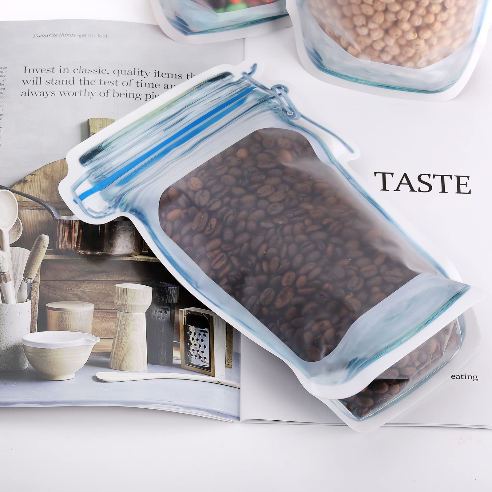 Jucoan Large Wide Mouth Mason Jar Zip Snack Bags, 50 Pack, Reusable, Clear Plastic, Airtight, Leakproof for Food Storage