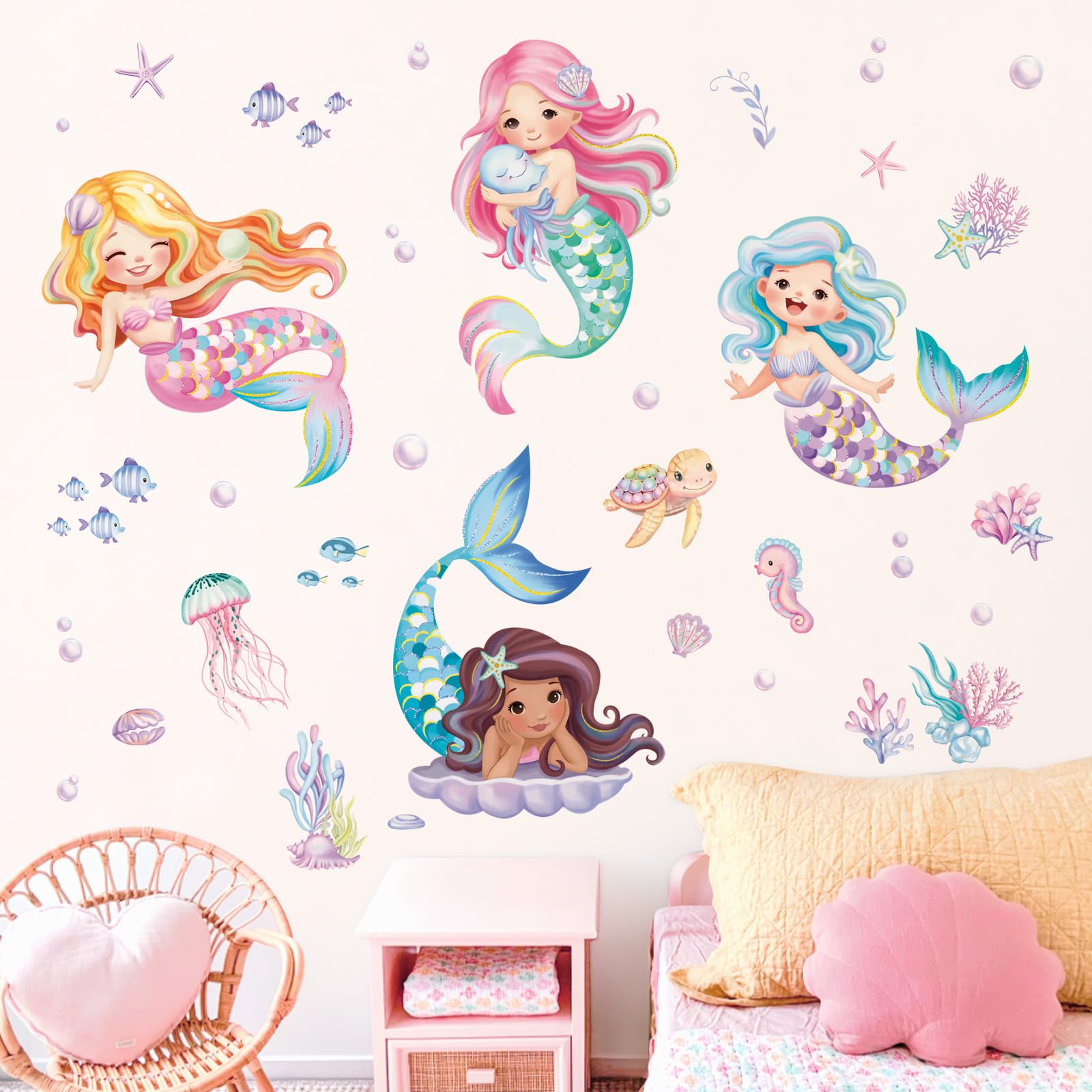 Decalmile Under The Sea Mermaid Wall Decals Ocean Fish Starfish Turtle Wall Stickers Baby Nursery Girls Bedroom Bathroom Wall De