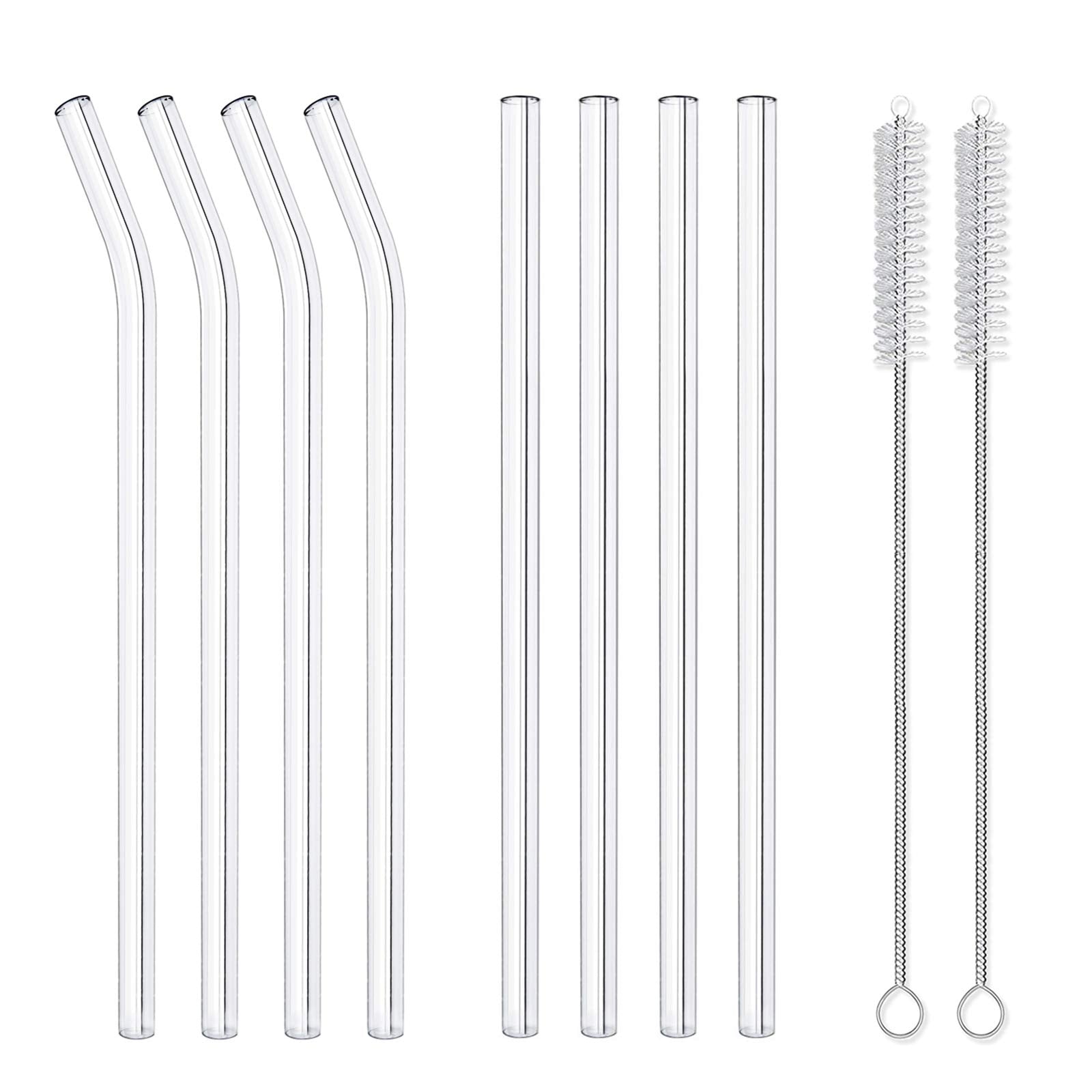 8 Pack Reusable Glass Drinking Straws - 10'' X 10 Mm - Smoothie Straws For Milkshakes, Frozen Drinks, Smoothies, Bubble Tea - En