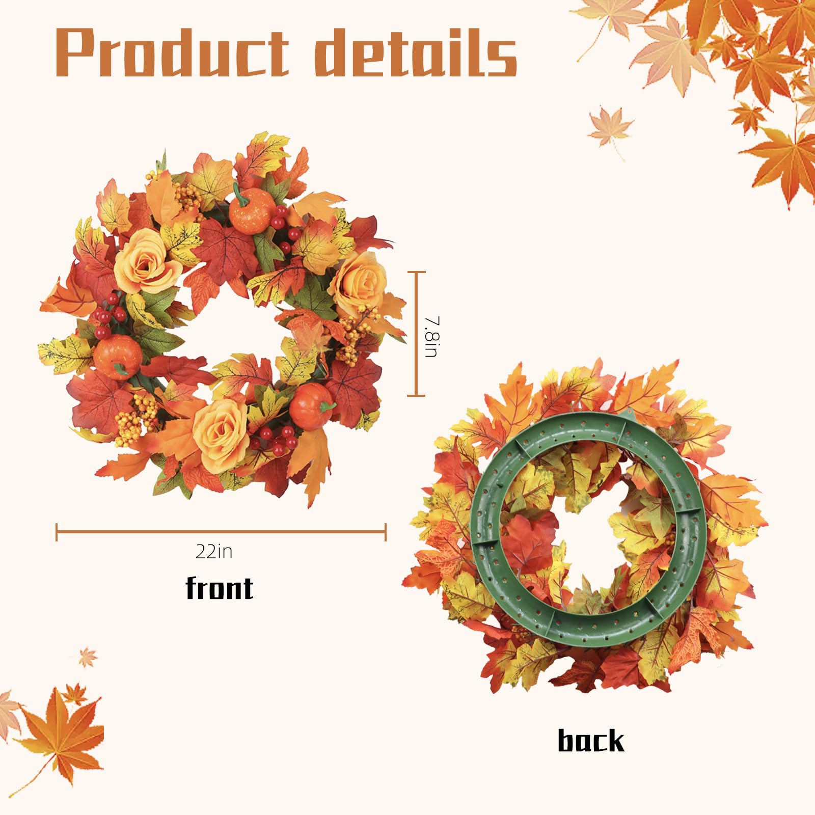 Autumn Wreath for Front Door, 17.5 in Fall Wreath with Pumpkin Thanksgiving Decorations, Maple Leaf Autumn Harvest Decor