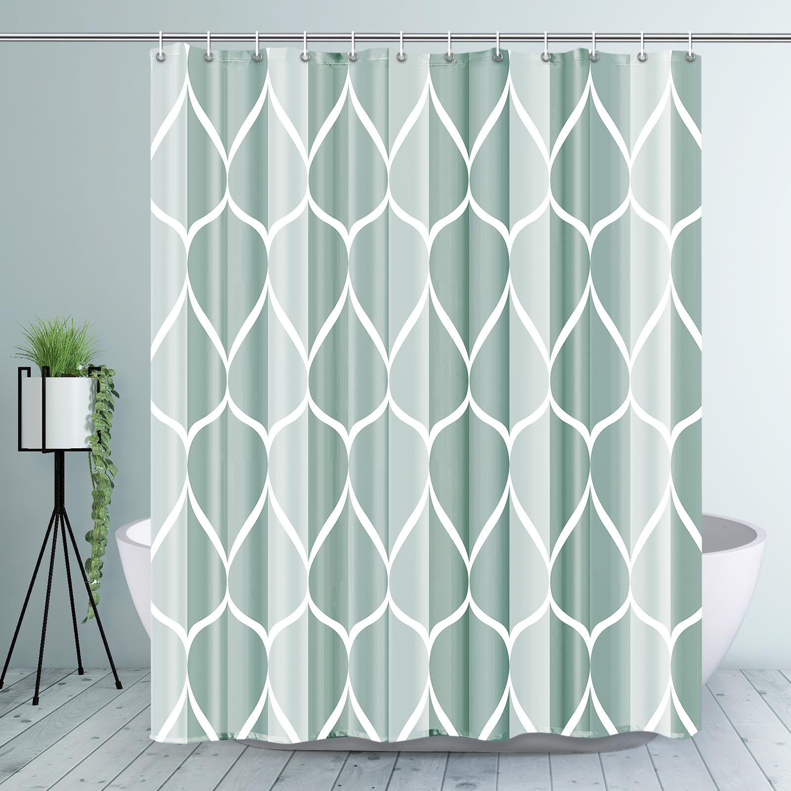 Gelbchu Dark Green Geometric Shower Curtain  Waterproof Design and Polyester  Quick-Drying  Weighted Hem  Green Fabric Shower Curtains Set for Bathroom W 72 x H 72  Durable and Washable with 12 Hooks