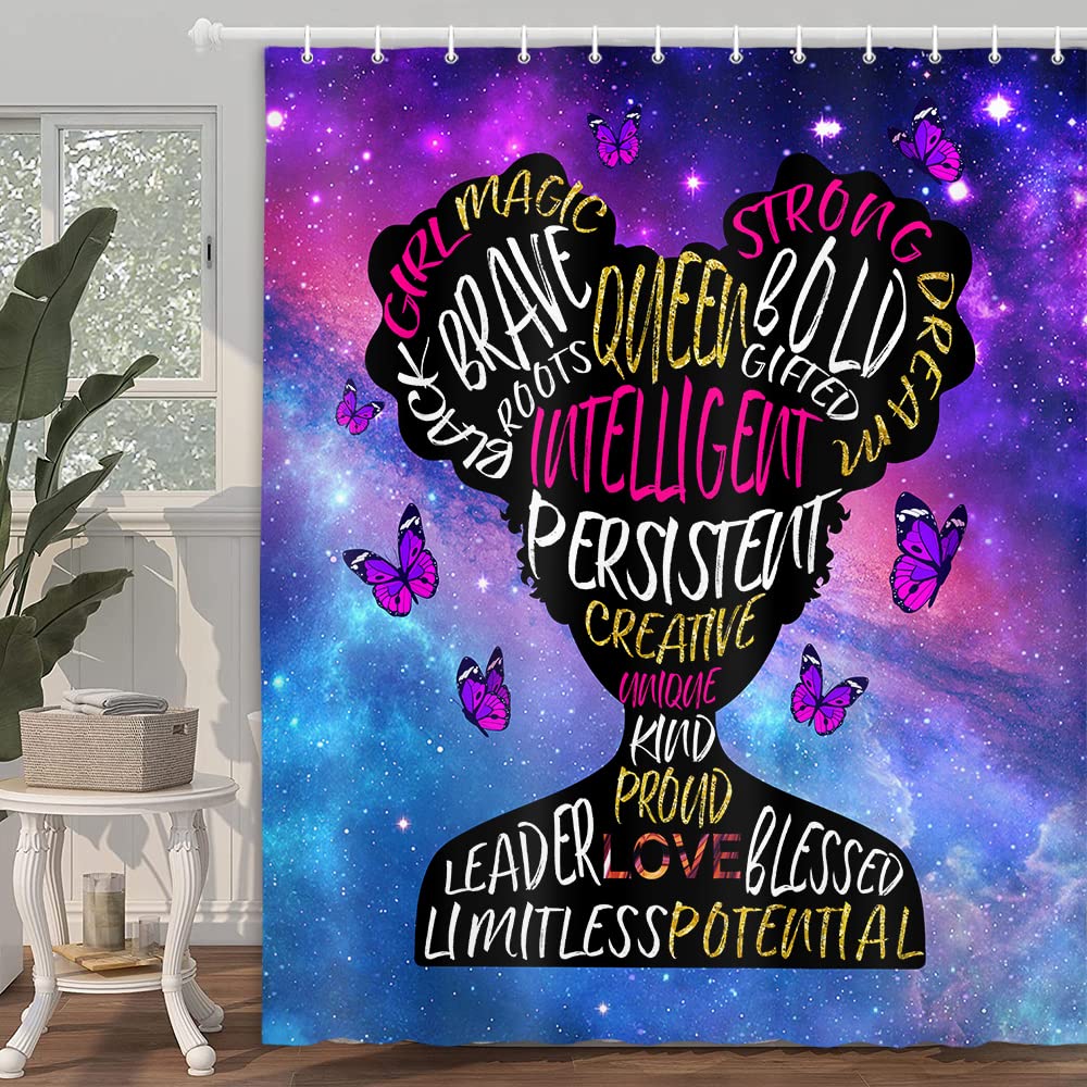 African American Black Girl Shower Curtain, Magic Teen Girl Woman Inspirational Shower Curtain For Bathroom, Afro Hair Black Gir