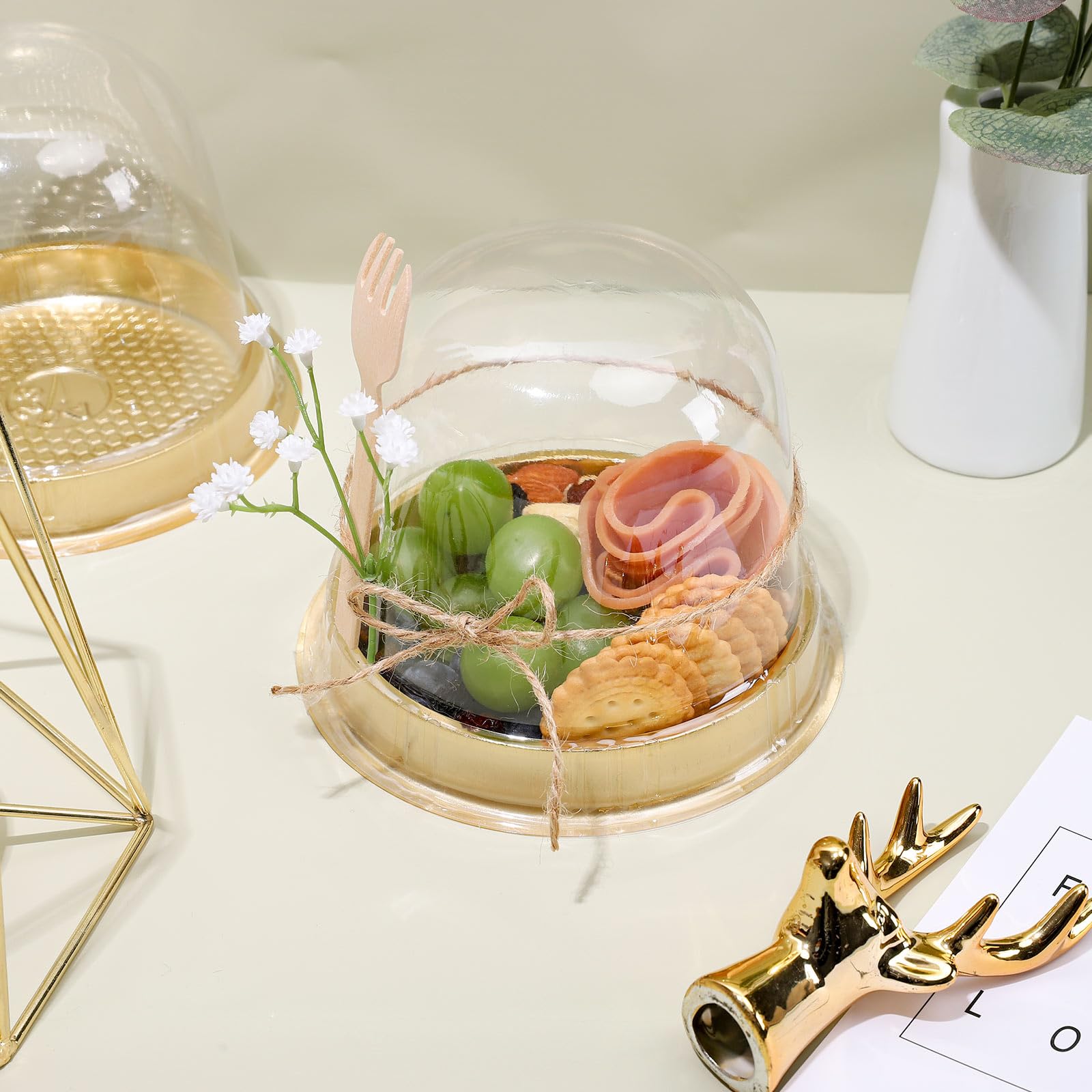 Whaline 100 Sets Disposable Individual Charcuterie Cup Set Clear Plastic Cupcake Container With Mini Wooden Spork Rope For Gradu