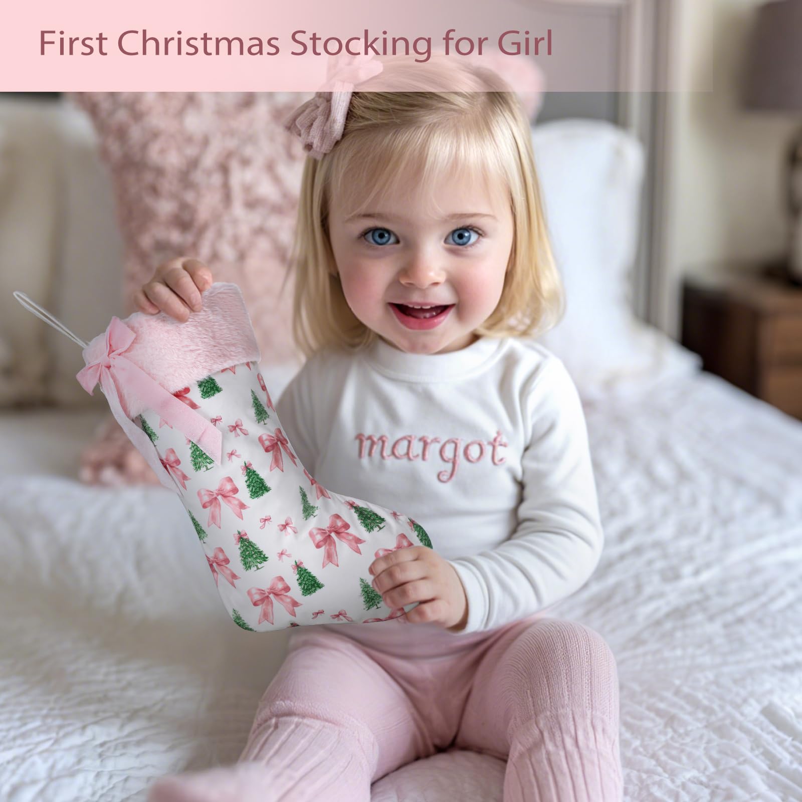 Realspring Christmas Tree Bow Pattern Xmas Stocking 18 Inches Canvas with Pink Faux Fur Babys First Xmas Stocking Gifts Firepla