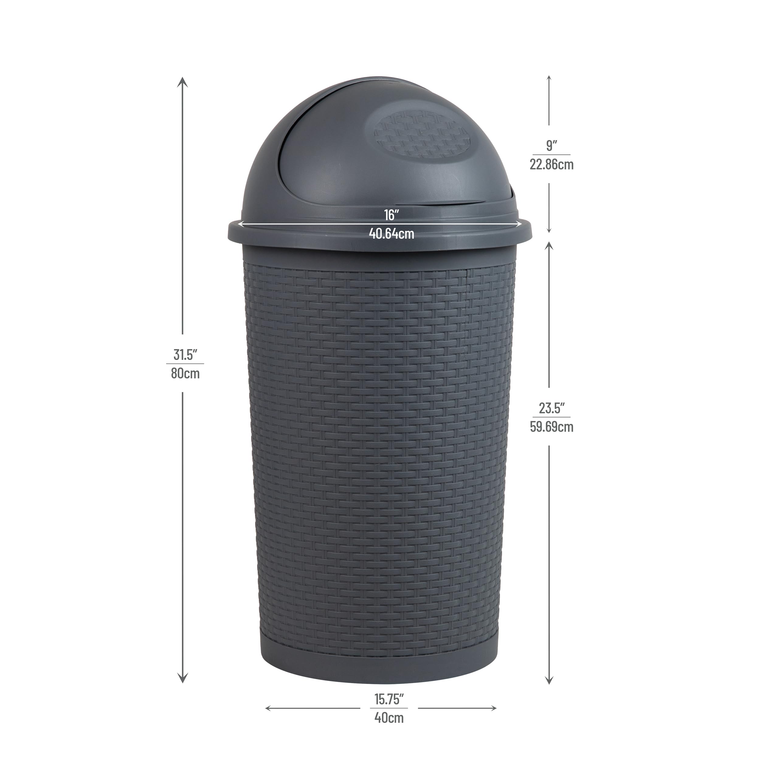 Mind Reader 55L Roll-Top Kitchen Garbage Can, Trash Can With Lid, Premium Wicker Design, Plastic, 16''L X 16''W X 31.5''H, Gray