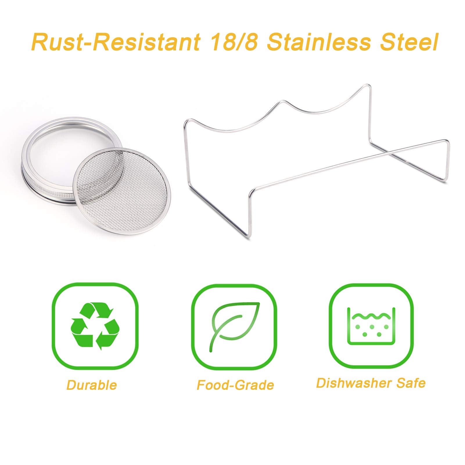 Haswe Seed Sprouting Jar Kit (Jars Not Included) - 4 Stainless Steel Screen Sprout Lids,1 Melamine Tray, Stand And Canning Brush