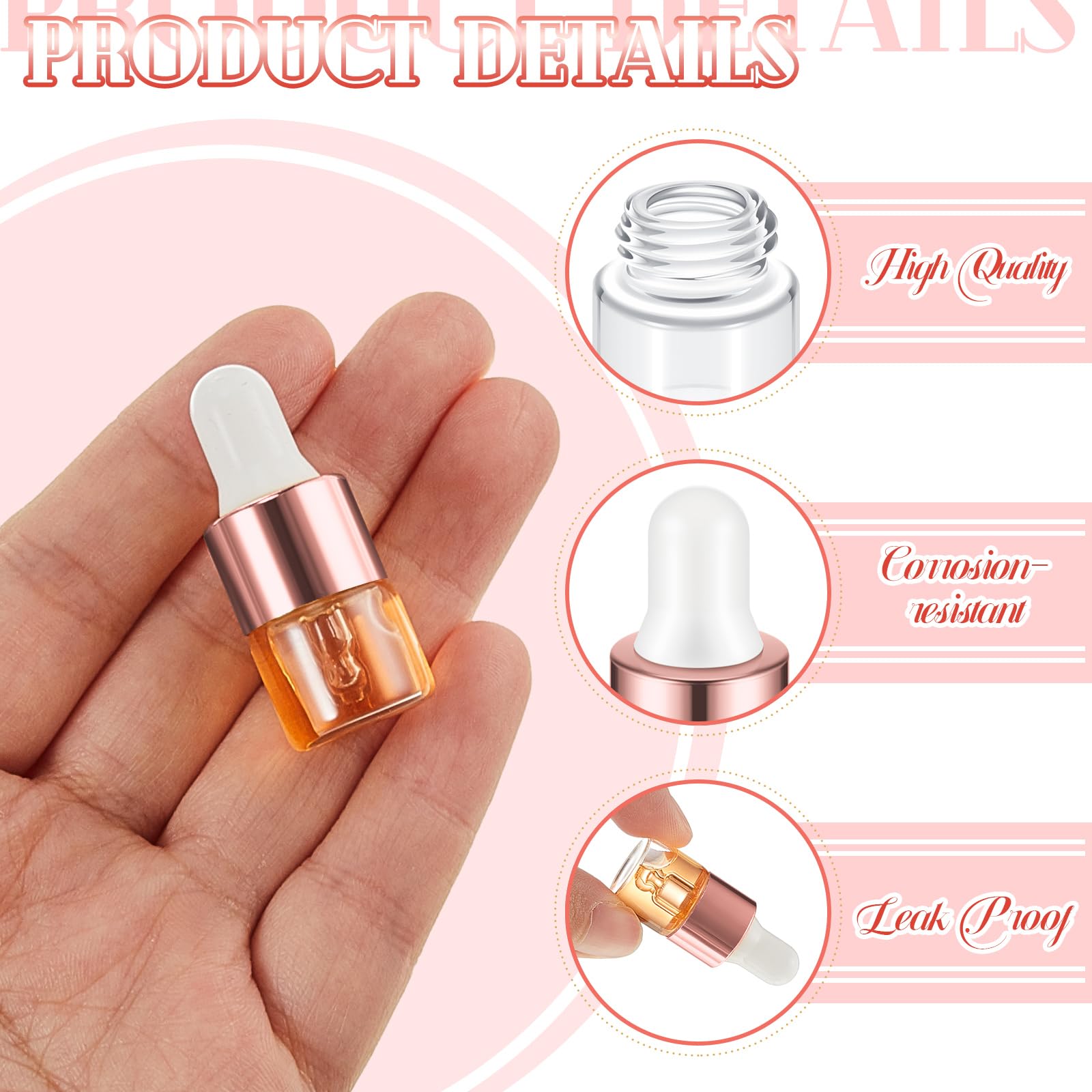 Didaey 100 Pcs Mini Glass Dropper Bottle Bulk, 1 Ml Rose Gold Clear Essential Oil Dropper Bottles Small Tincture Empty Bottles S