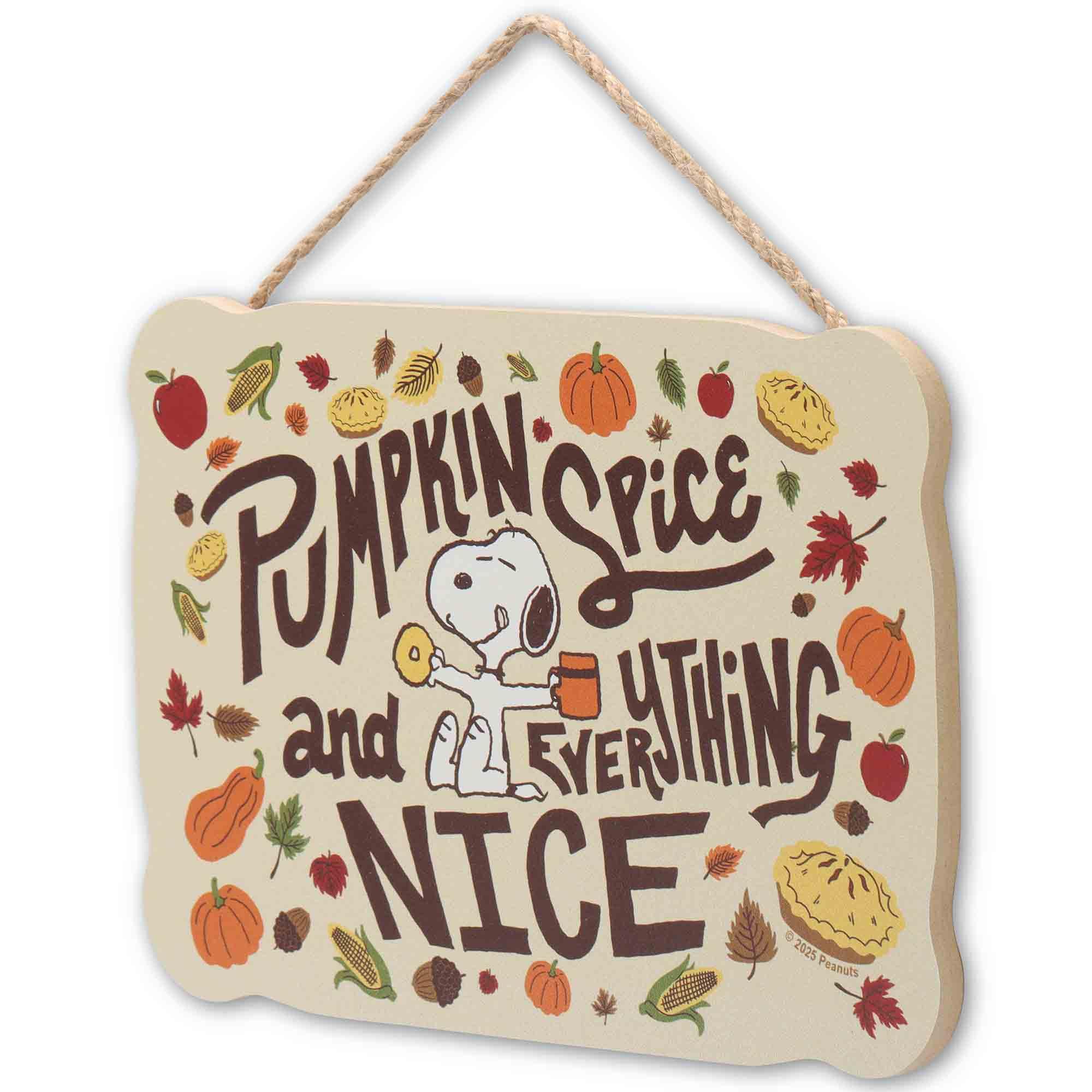 Peanuts Snoopy Pumpkin Spice and Everything Nice Hanging Wood Wall Decor - Cute Snoopy Fall Decor with Autumn Leaves and Pie