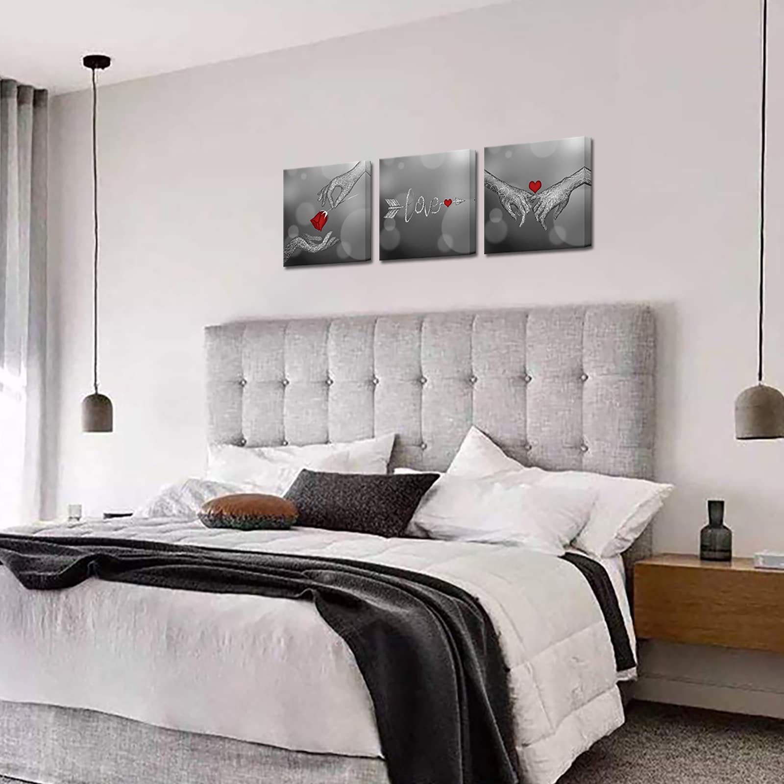 Biuteawal Love and Hand in Hand Wall Art Red Rose Floral Heart Painting Canvas Print Romantic Picture Poster Home Bedroom Bathroom Decor Valentine's Day Gift Black and White Artwork